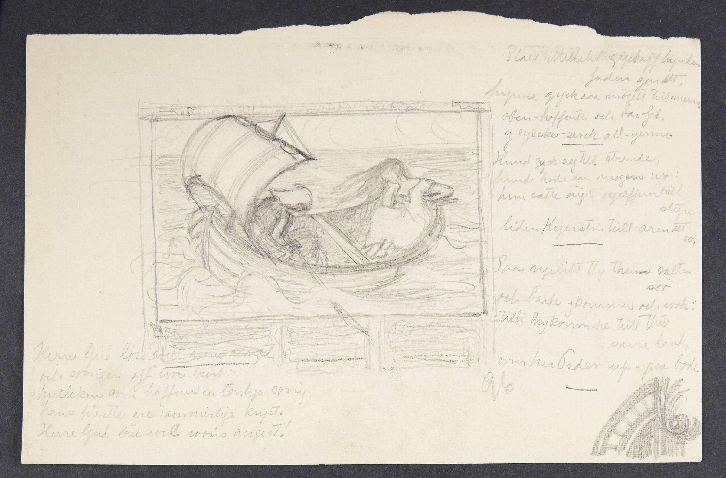 To personer i en jolle for sejl. Kompositionsudkast med dekoreret ramme, Agnes Slott-Møller, 1896-1897
