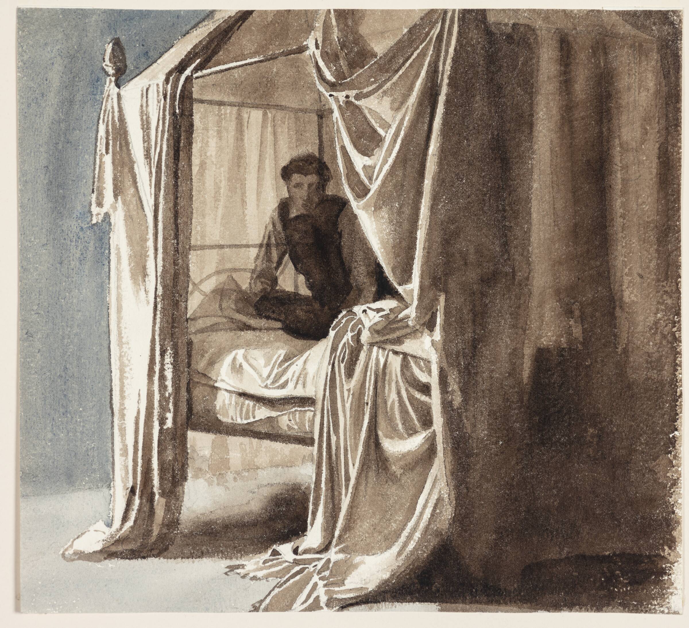 En seng med omhæng. Studie til billedet "Niels Ebbesen og Grev Gert" udstillet 1868, Carl Bloch, 1768-1868