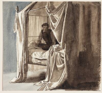 En seng med omhæng. Studie til billedet "Niels Ebbesen og Grev Gert" udstillet 1868