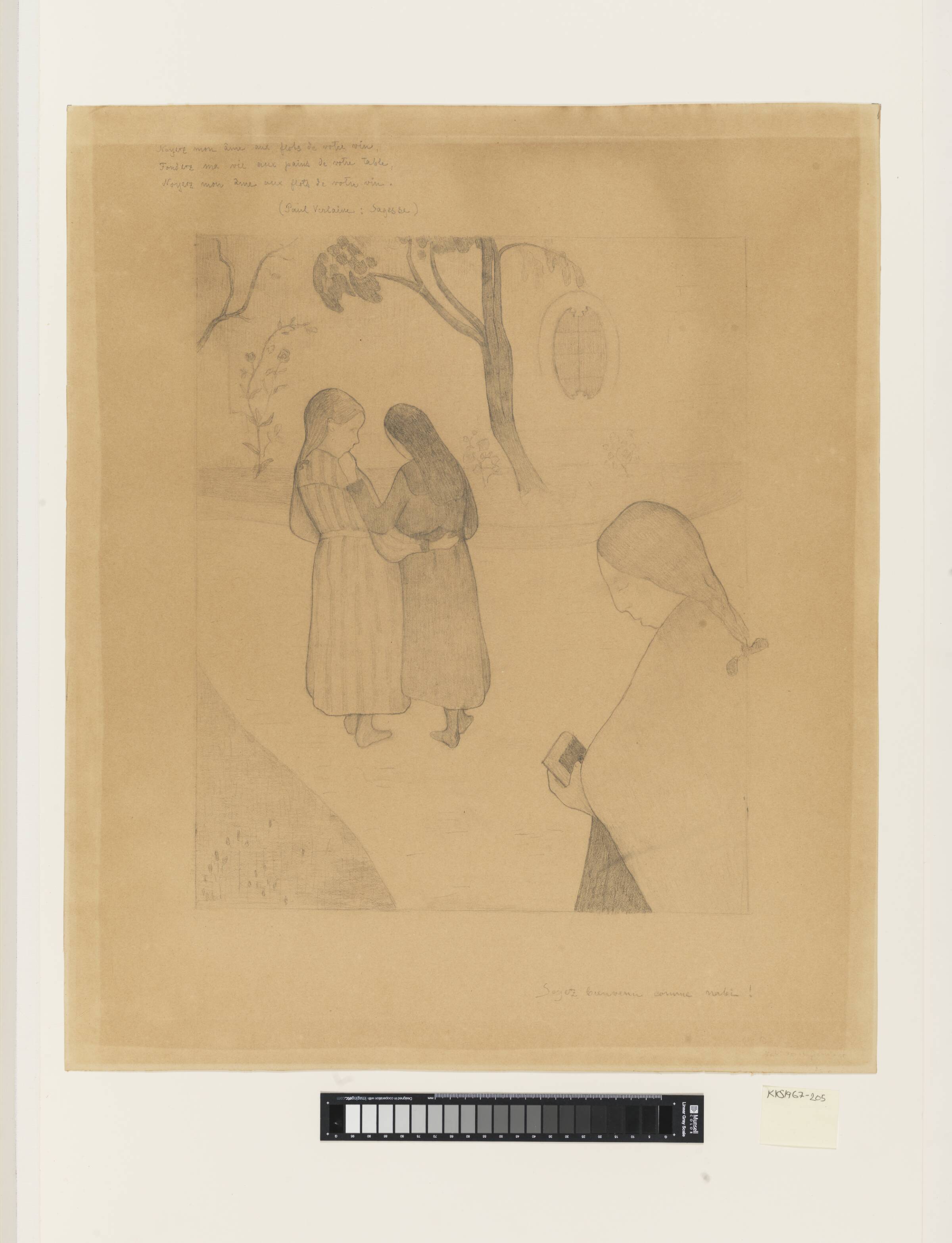 Tre unge piger på en vej, den forreste med en bog, G.F. Clement, 1892-1893