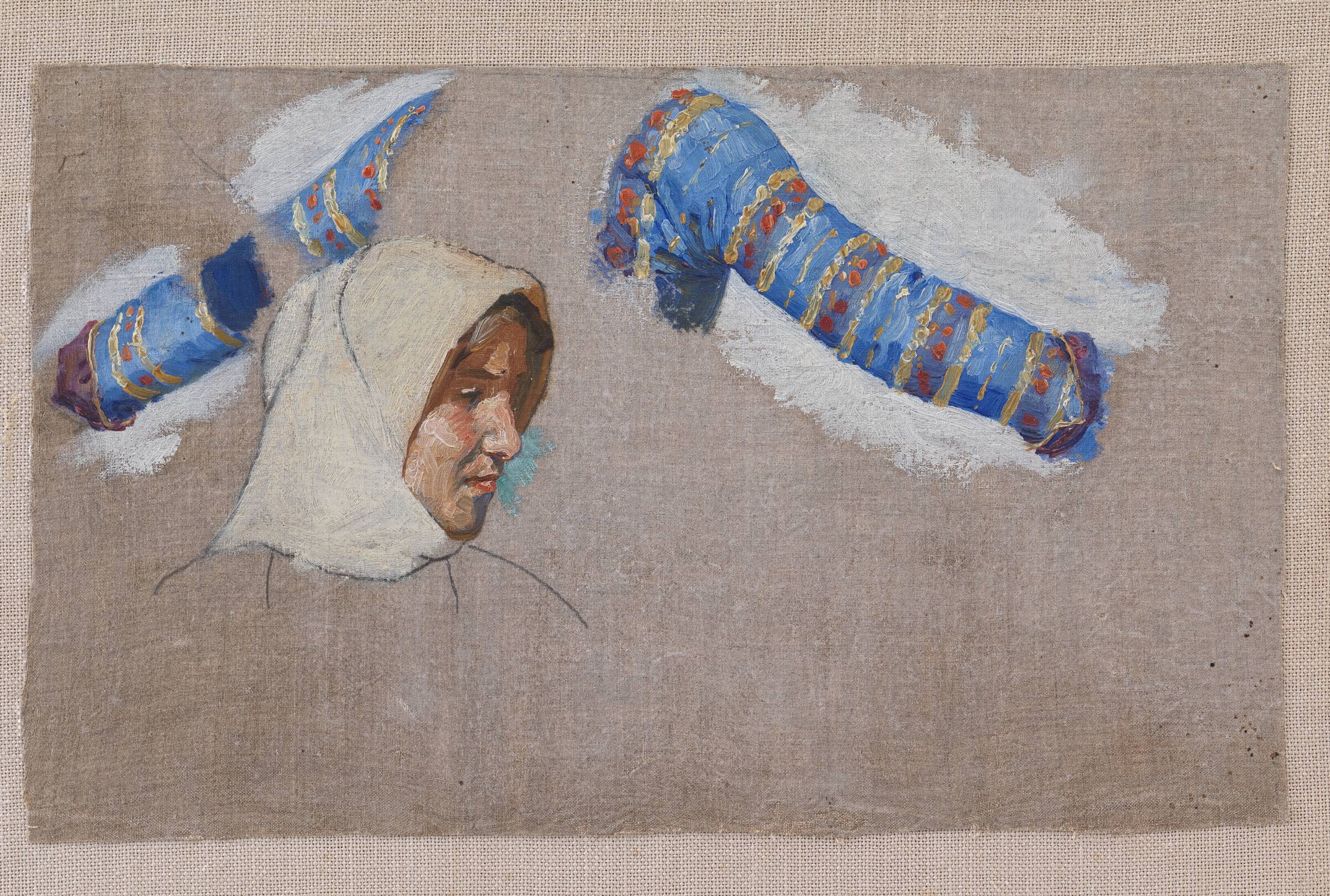 Dragtstudier og studie af et kvindehovede. Megara, Niels Skovgaard, 1896