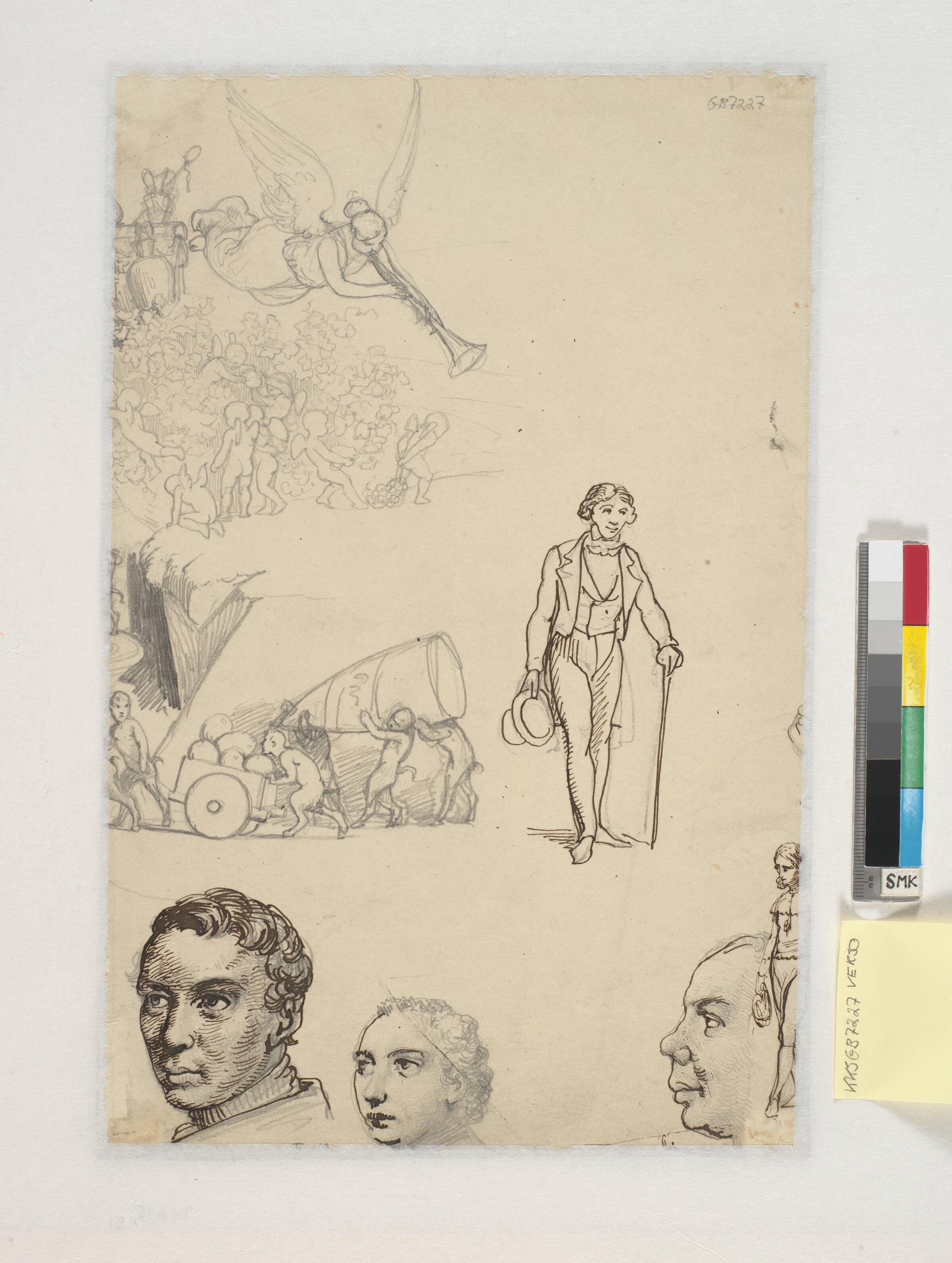 Engel med trompet, engle plukker frugt, satyrer med sukkertop, herre med stok, hoveder, en page, Wilhelm Marstrand, 1810-1873