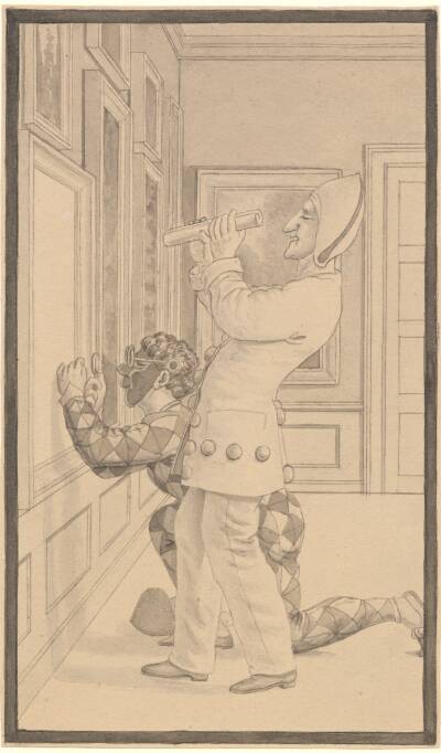 Kunstkritik. Harlekin og Pierrot i et med malerier behængt værelse ifærd med at bedømme et billede.