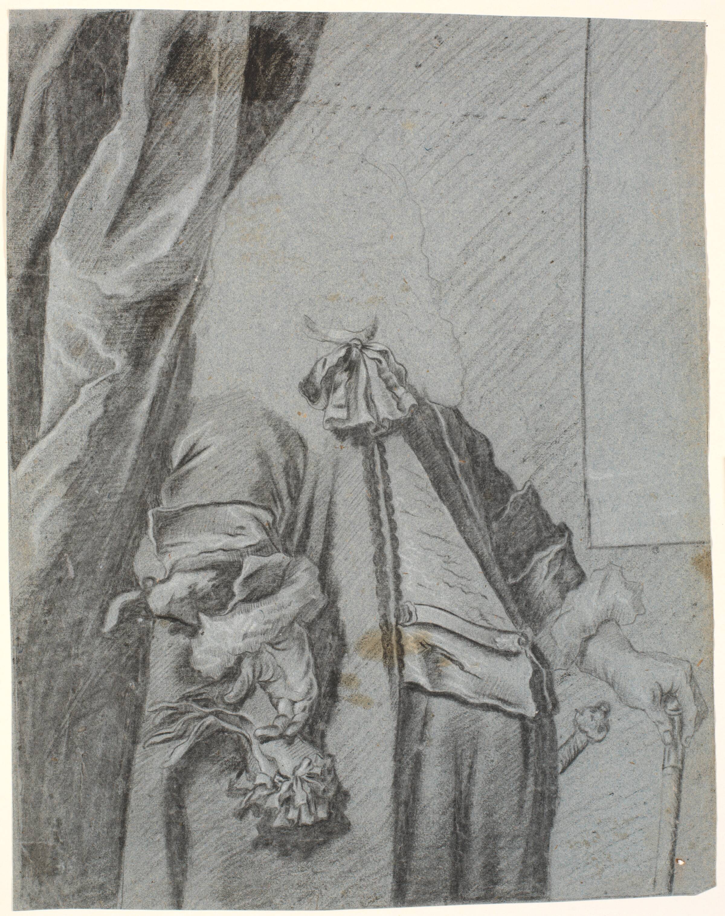 Studie til et mandsportræt, 3/4 figur, højre hånd, holdende handske, støttet i siden, venstre hånd støttet på stok, Heinrich Dittmers, 1625-1677