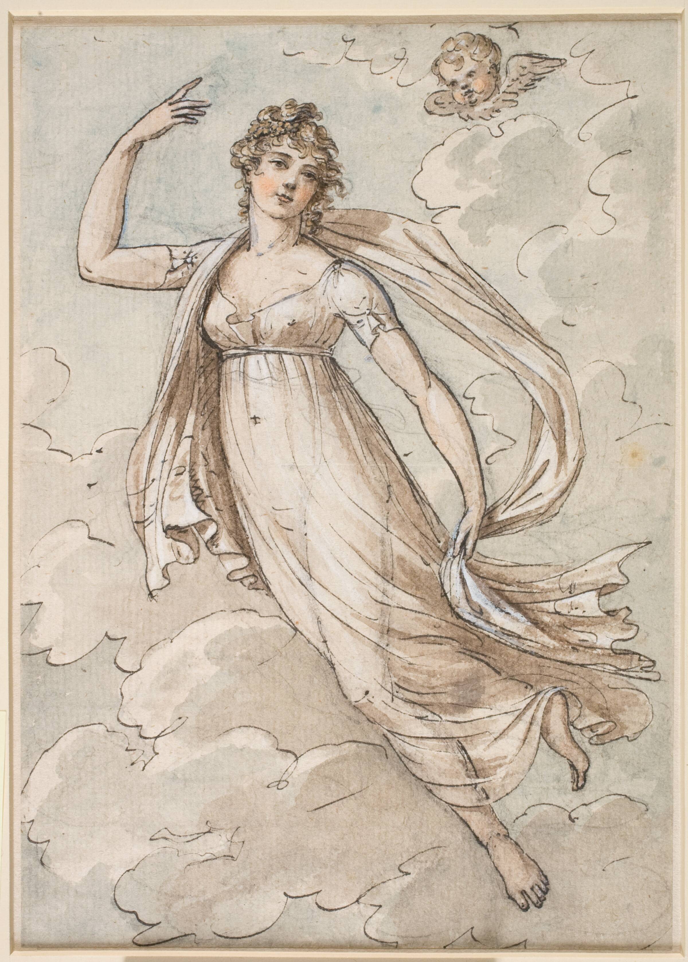 Svævende kvinde, observeret af en kerub, Peltro William Tomkins, 1800-1849
