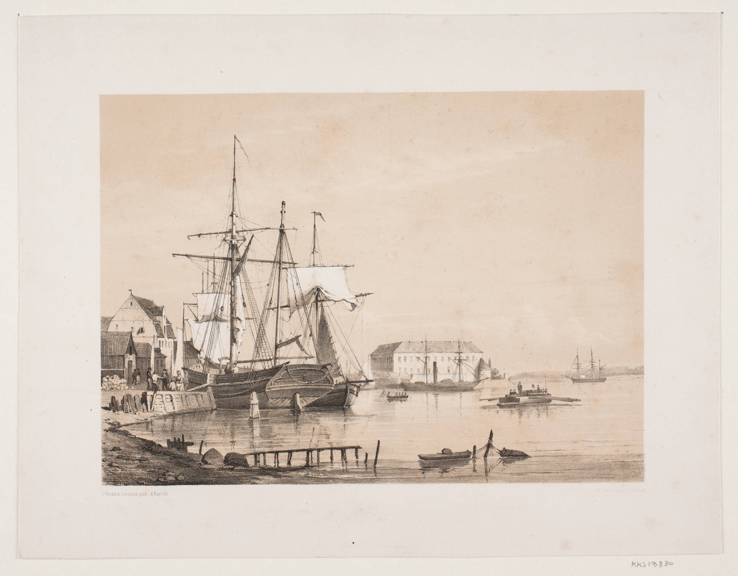 Sønderborg slot set fra havnen i Sønderborg, Alexander Nay, 1822-1883