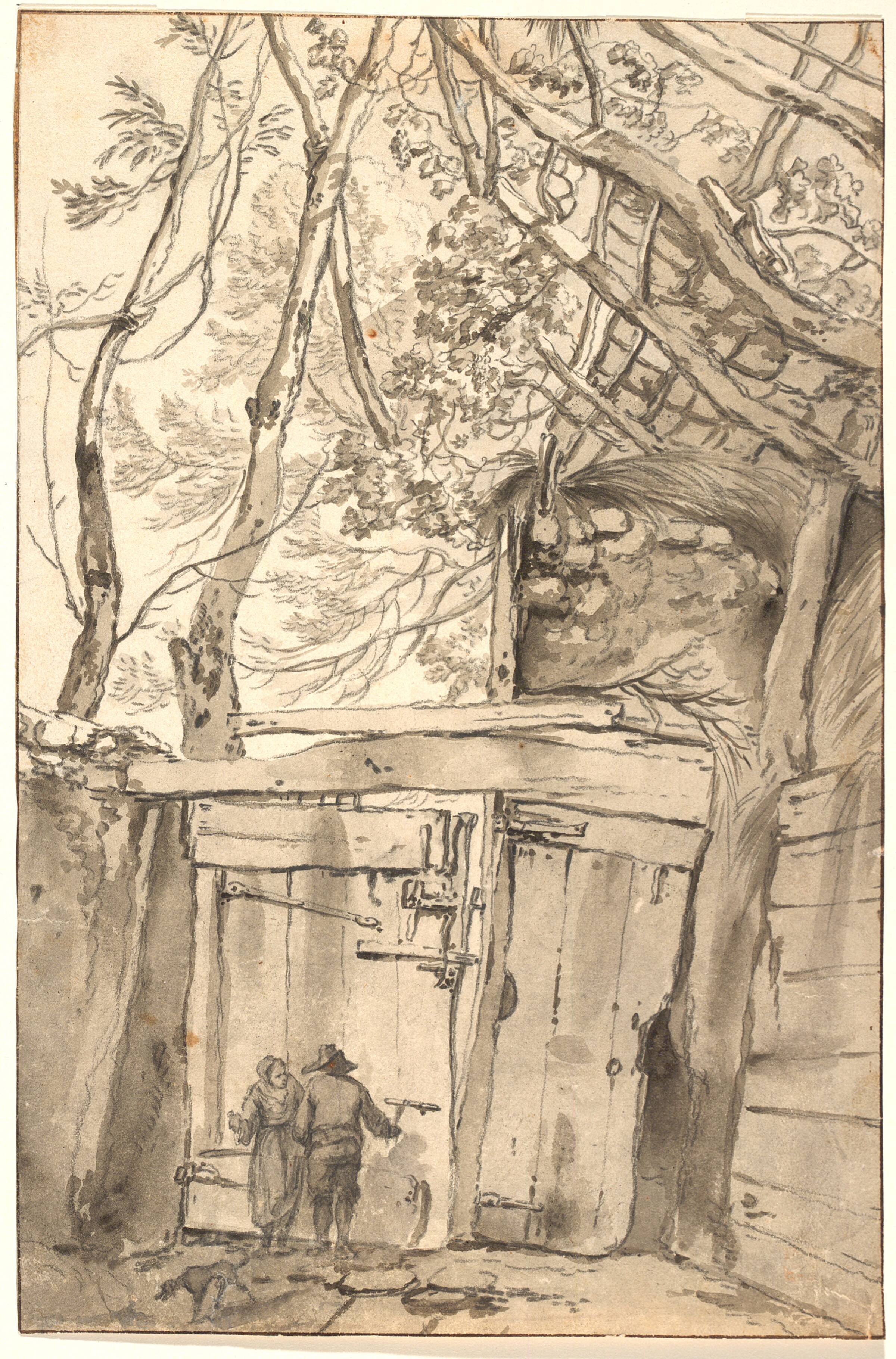 Mand og kvinde foran en gammel port, Pieter Mulier, 1652-1701