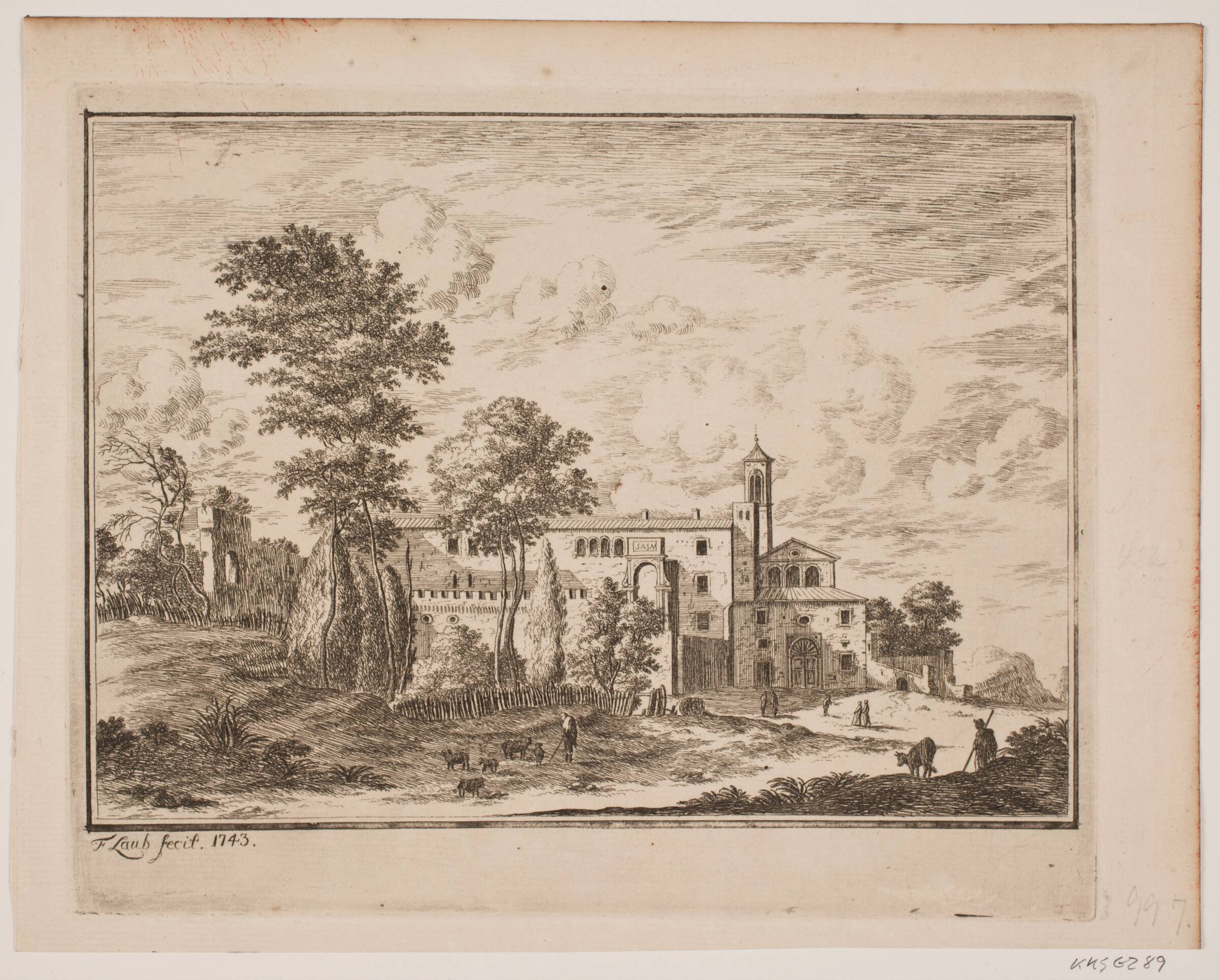 En klosterbygning midt i en italiensk landsby, Frederik Laub, 1743