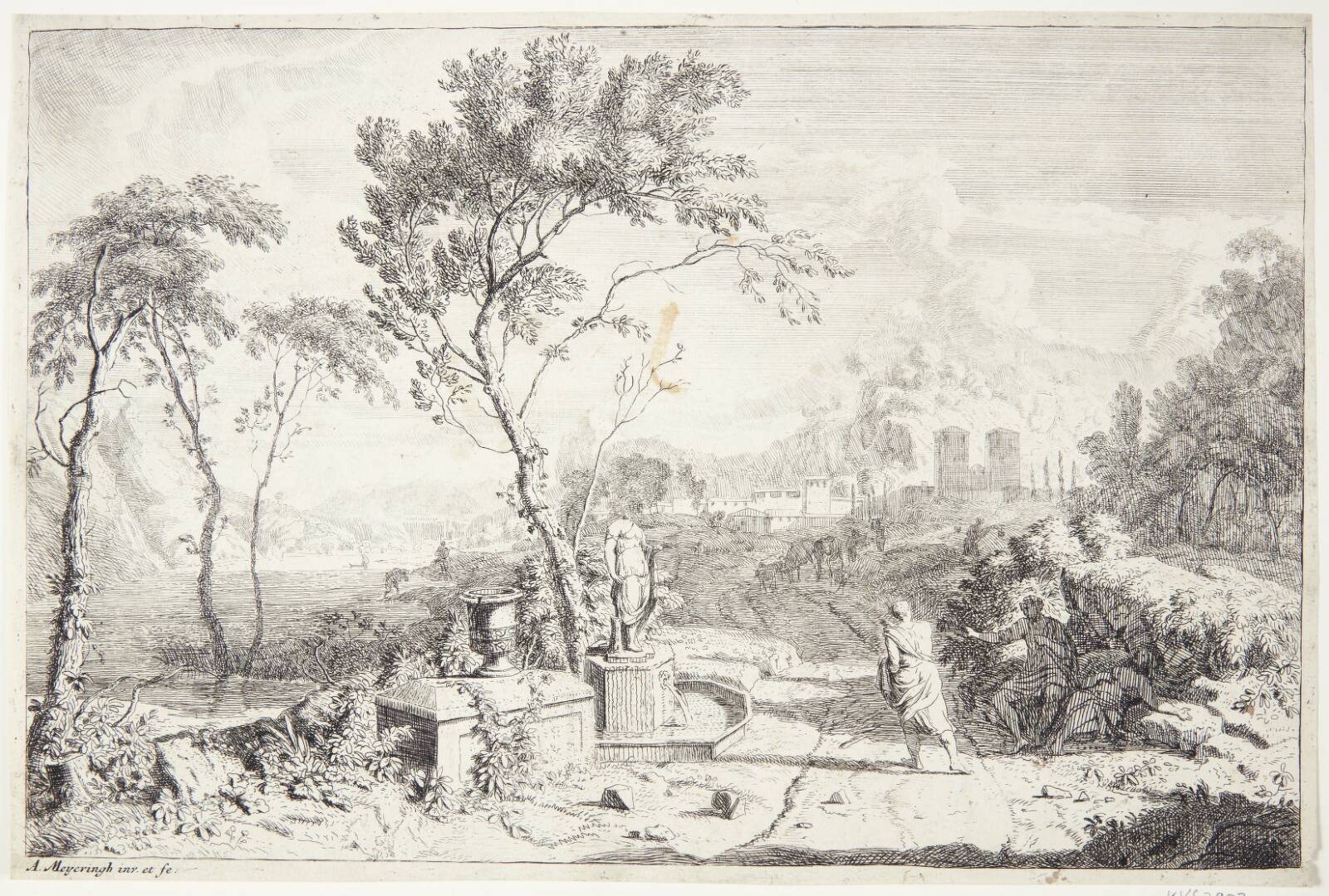 Landskab med en statue, Albert Meyering, 1645-1714