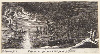 To færgebåde (steigerschuiten), i baggrunden et orlogsfartøj