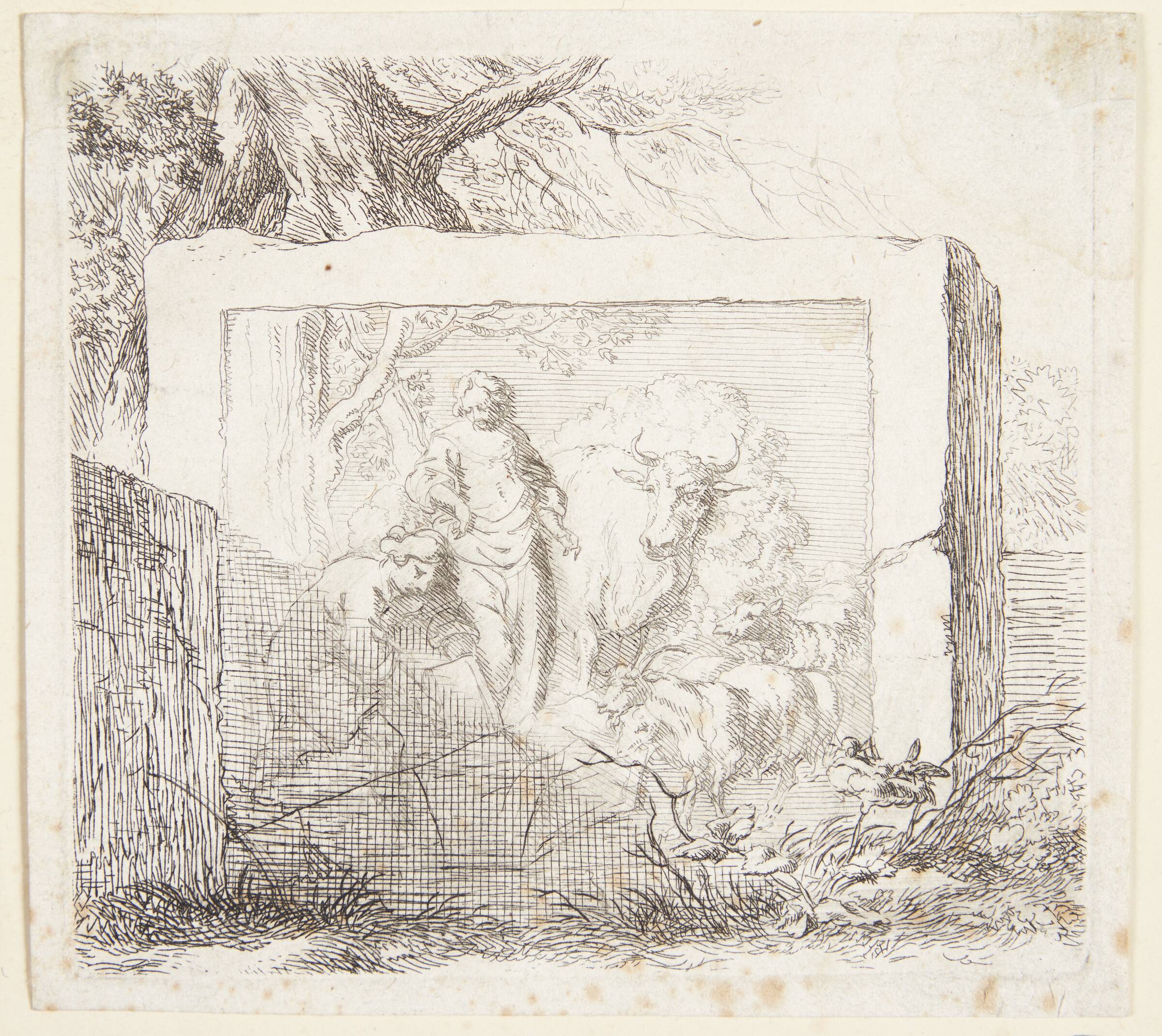 Stenblok med et basrelief forestillende en hyrde, der hælder vand i et trug, Nicolaes Berchem, 1620-1683