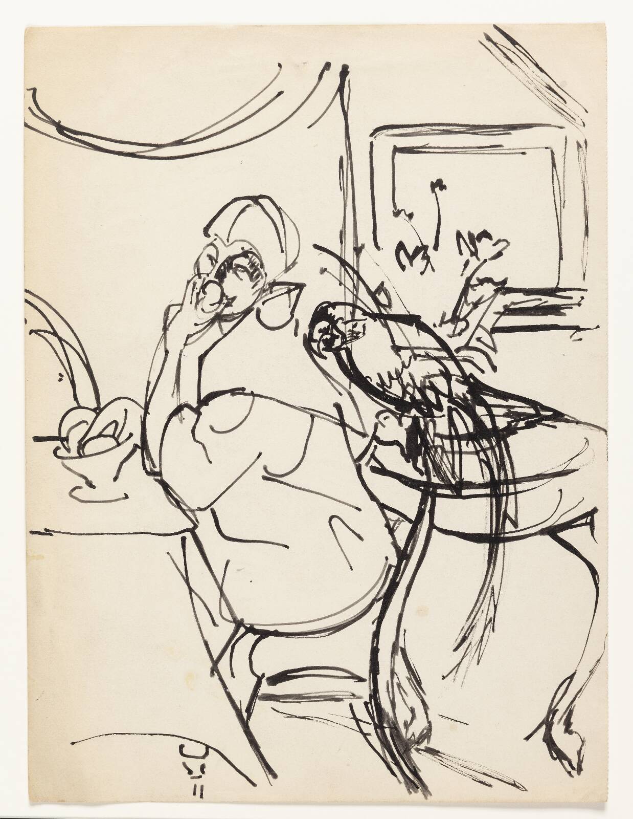 Siddende kvinde, til højre en papegøje, by Astrid Holm, 1876-1937