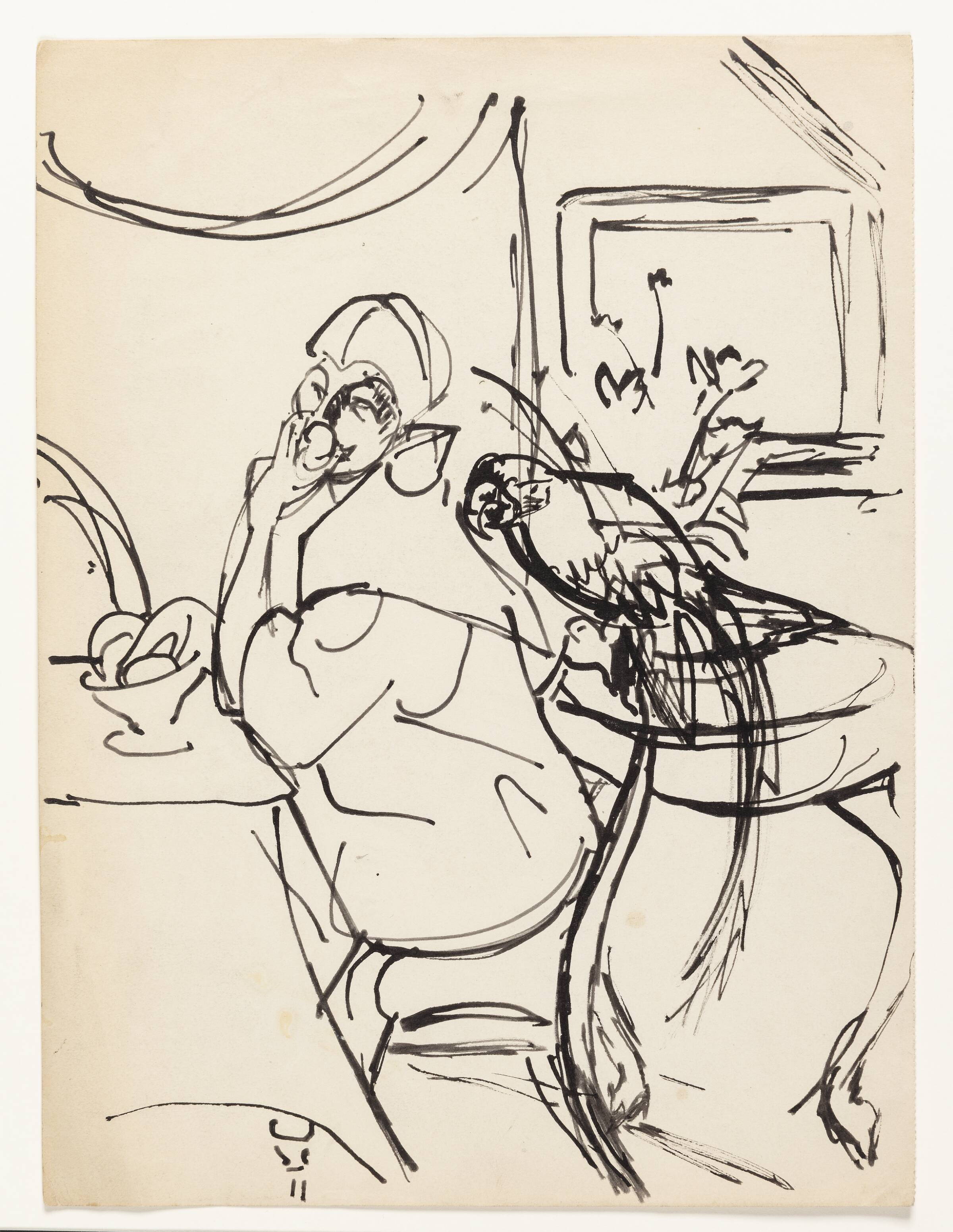 Siddende kvinde, til højre en papegøje, Astrid Holm, 1876-1937