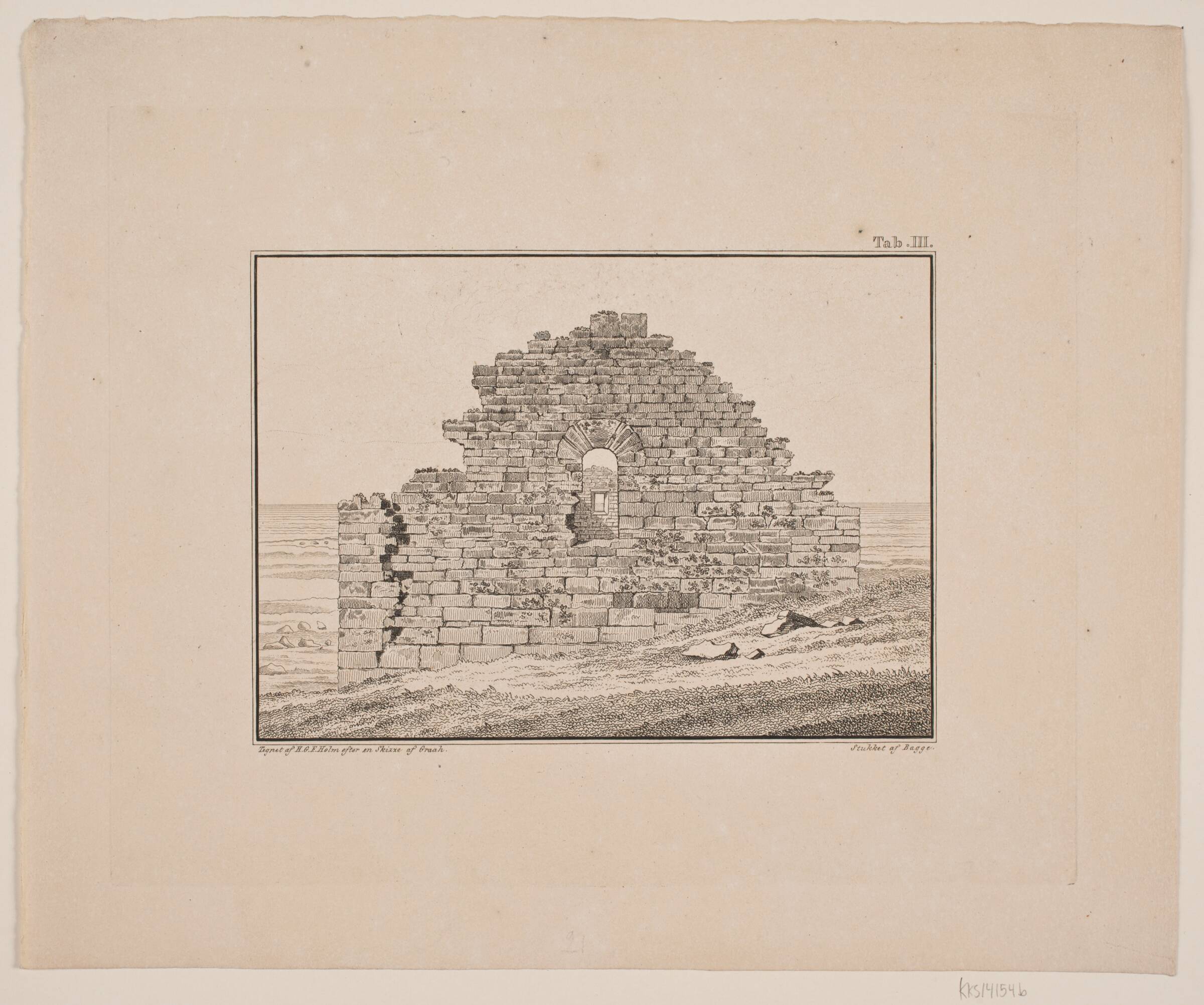 Kirkeruin på Grønland. Illustration til W.A. Graah. Undersøgelsesrejse til østkysten af Grønland, Oluf Olufsen Bagge, 1832