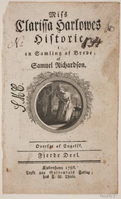 Titelblad med vignet til S. Richardson: "Miss Clarissa Harlowes Historie", fjerde del