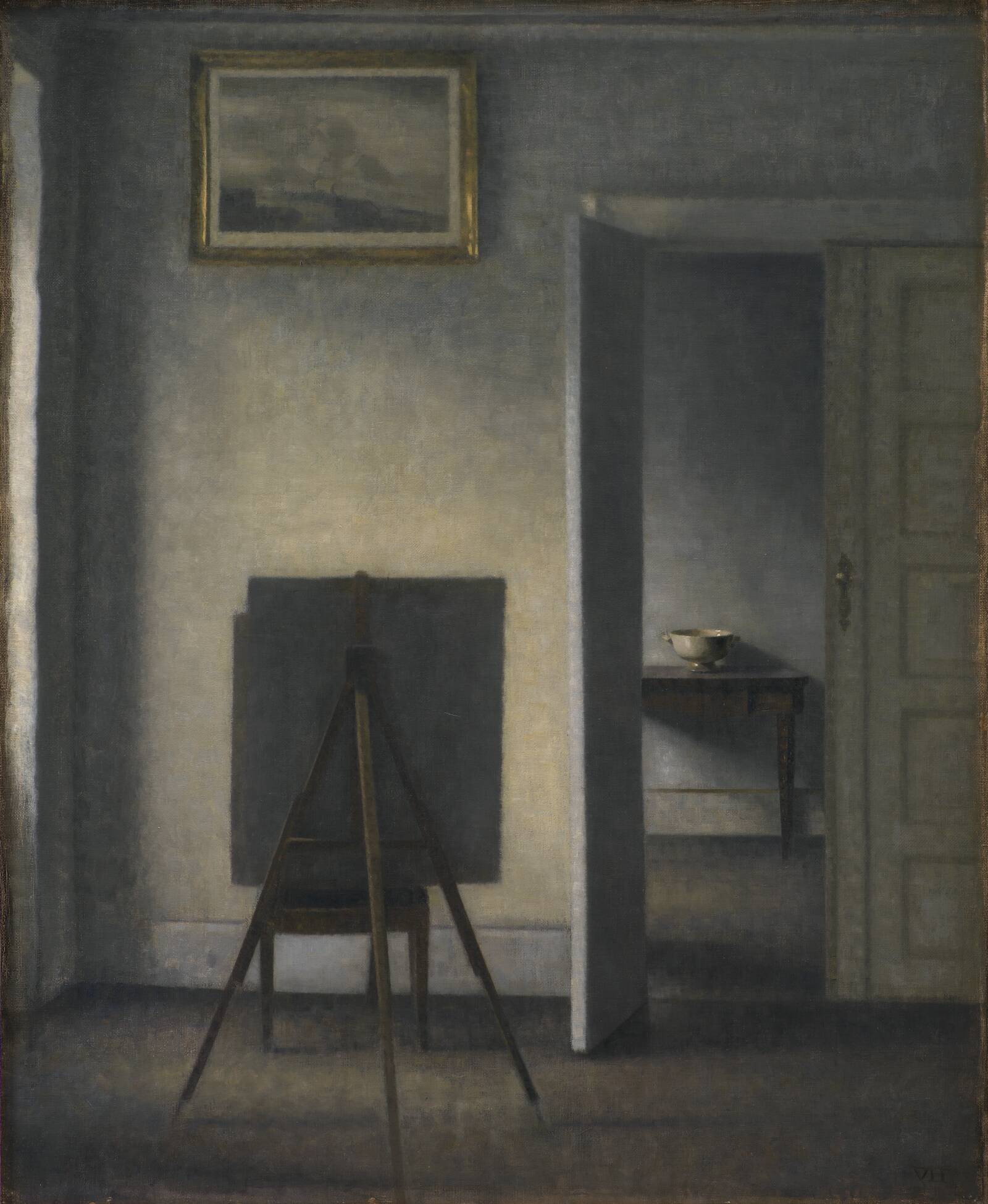 Interiør med kunstnerens staffeli, Vilhelm Hammershøi, 1910
