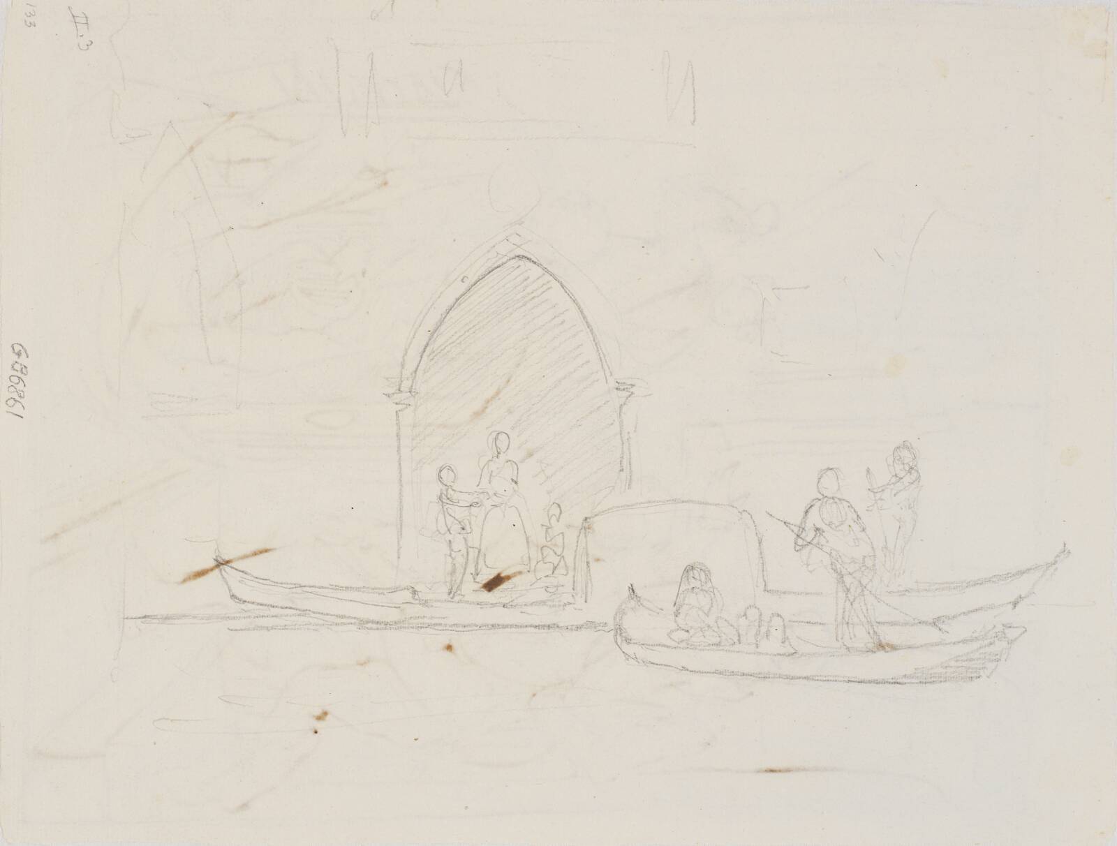 Blyantsskitse med tre gondoler, Wilhelm Marstrand, 1810-1873