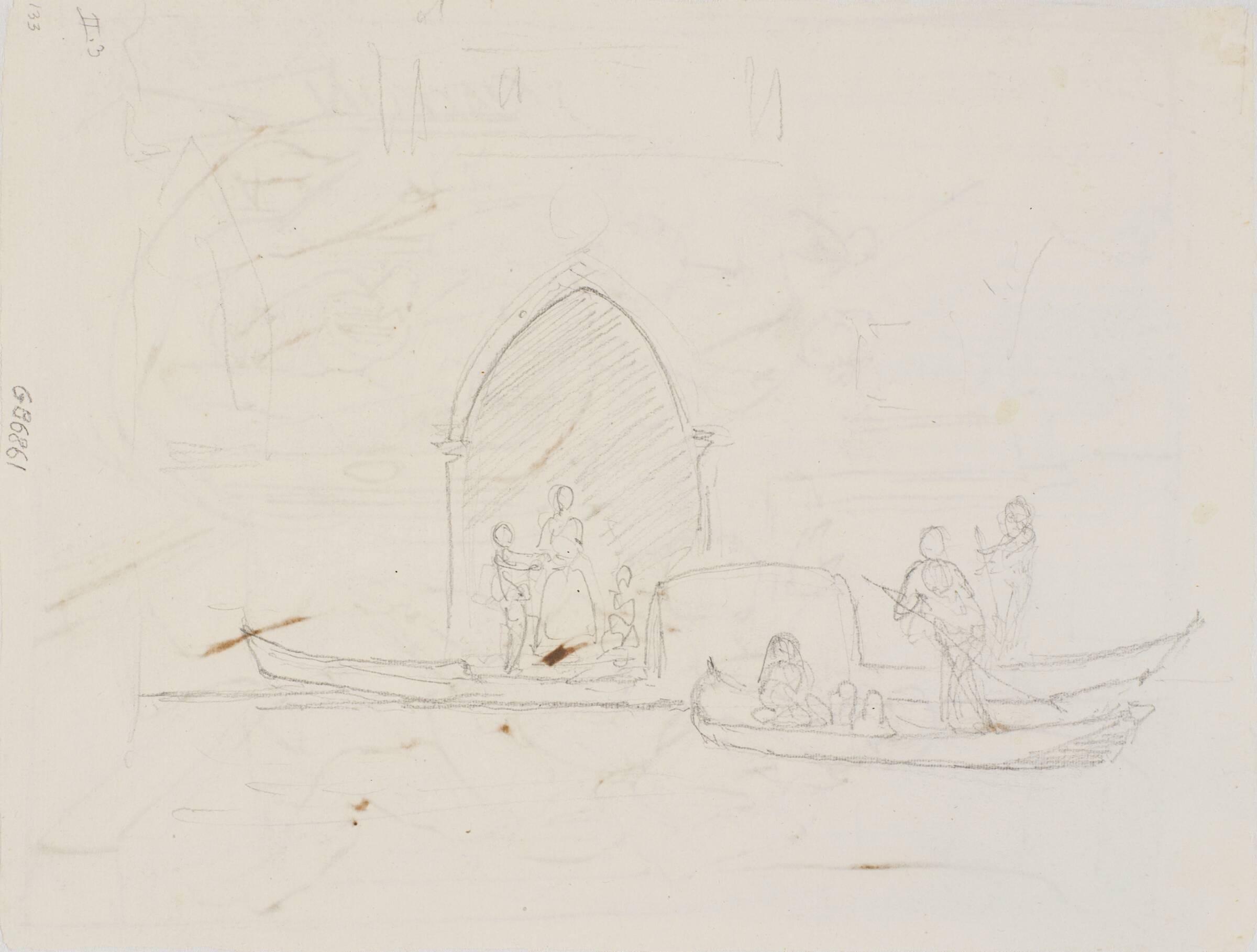 Blyantsskitse med tre gondoler, Wilhelm Marstrand, 1810-1873