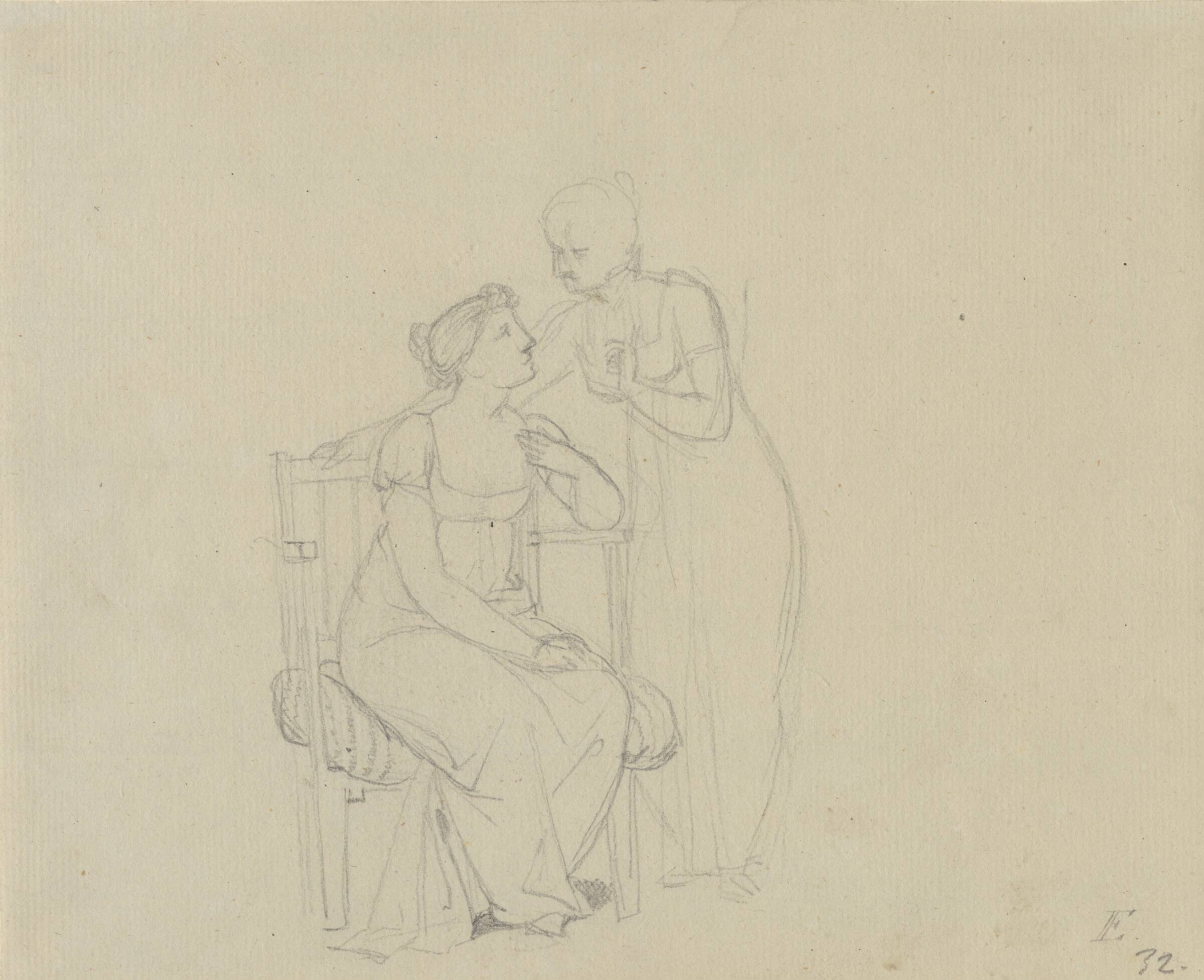 To damer der taler sammen, den ene sidder i en lænestol, den anden står bøjet over hende., C.W. Eckersberg, 1783-1853