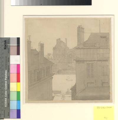 Udsigt fra Eckersbergs bolig i Hôtel d'Irlande, Rue de Beaune nr. 3, over Seinen mod (Louvre, Pavillon de Flore) Tuillerierne og Rue de Rivoli