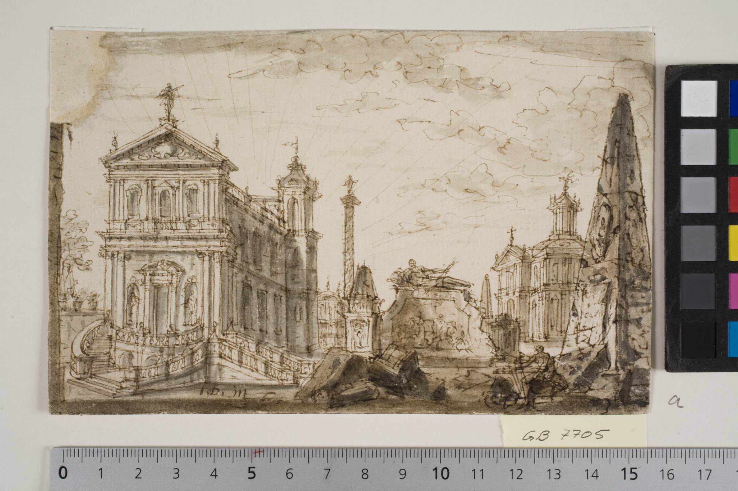 Fantasiprospekt i modlys med kirker, triumfsøjle og obelisk, John Devoto, 1708-1752