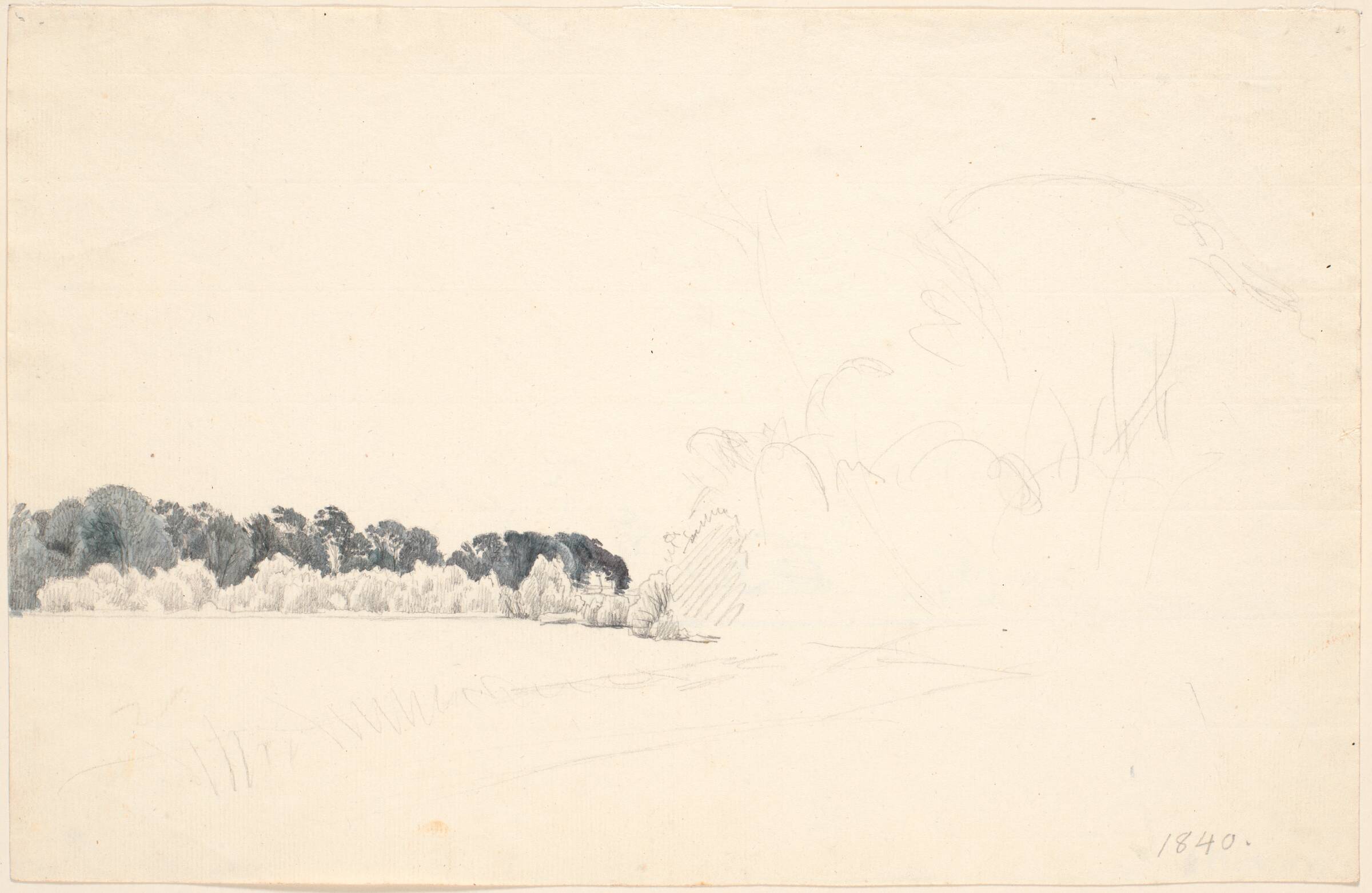 Studieblad. T.v. et skovbryn, t.h. blyantskrads (trækupler)., P.C. Skovgaard, 1840