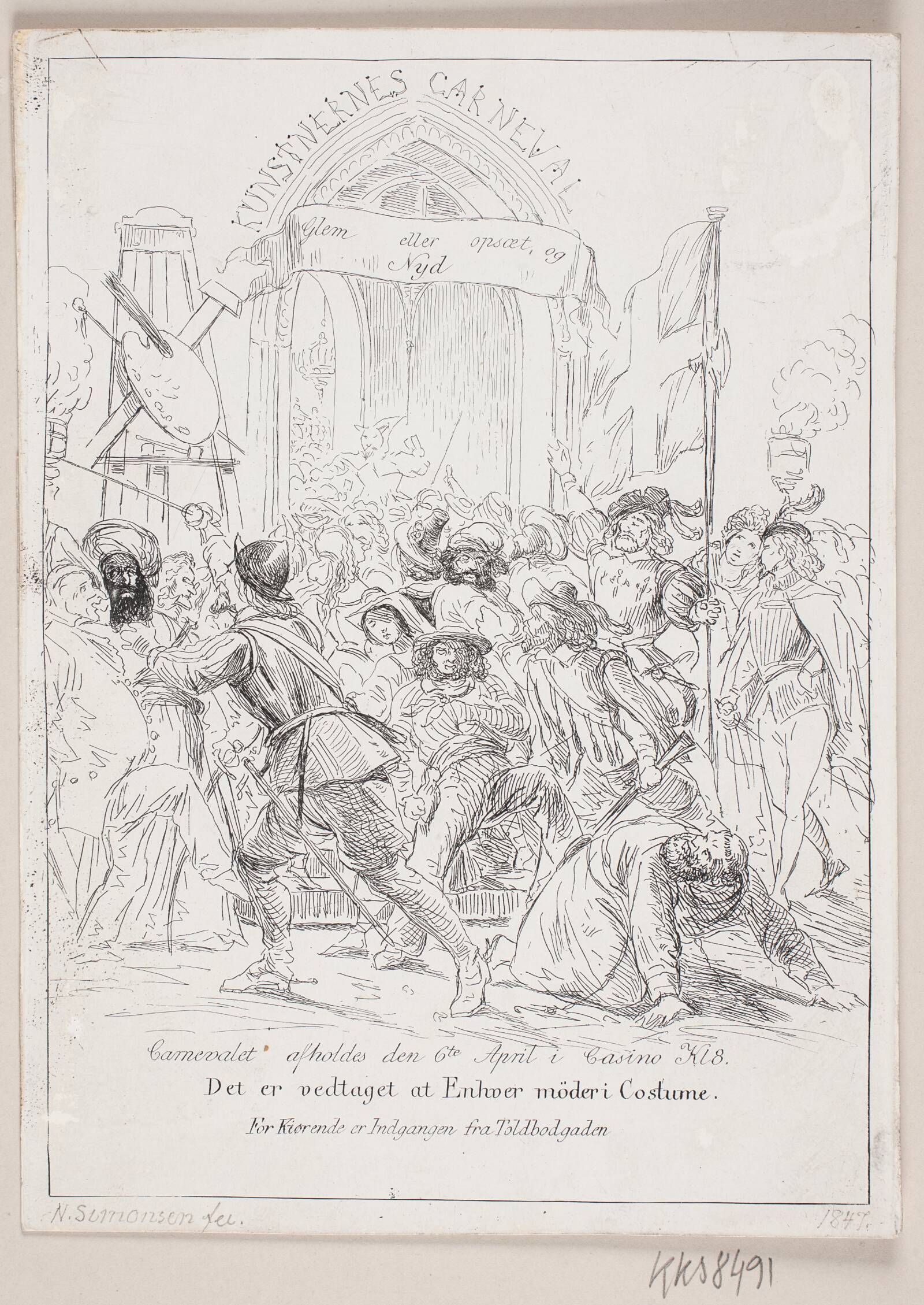Indbydelse. Kunstnernes Karneval, Niels Simonsen, 1847