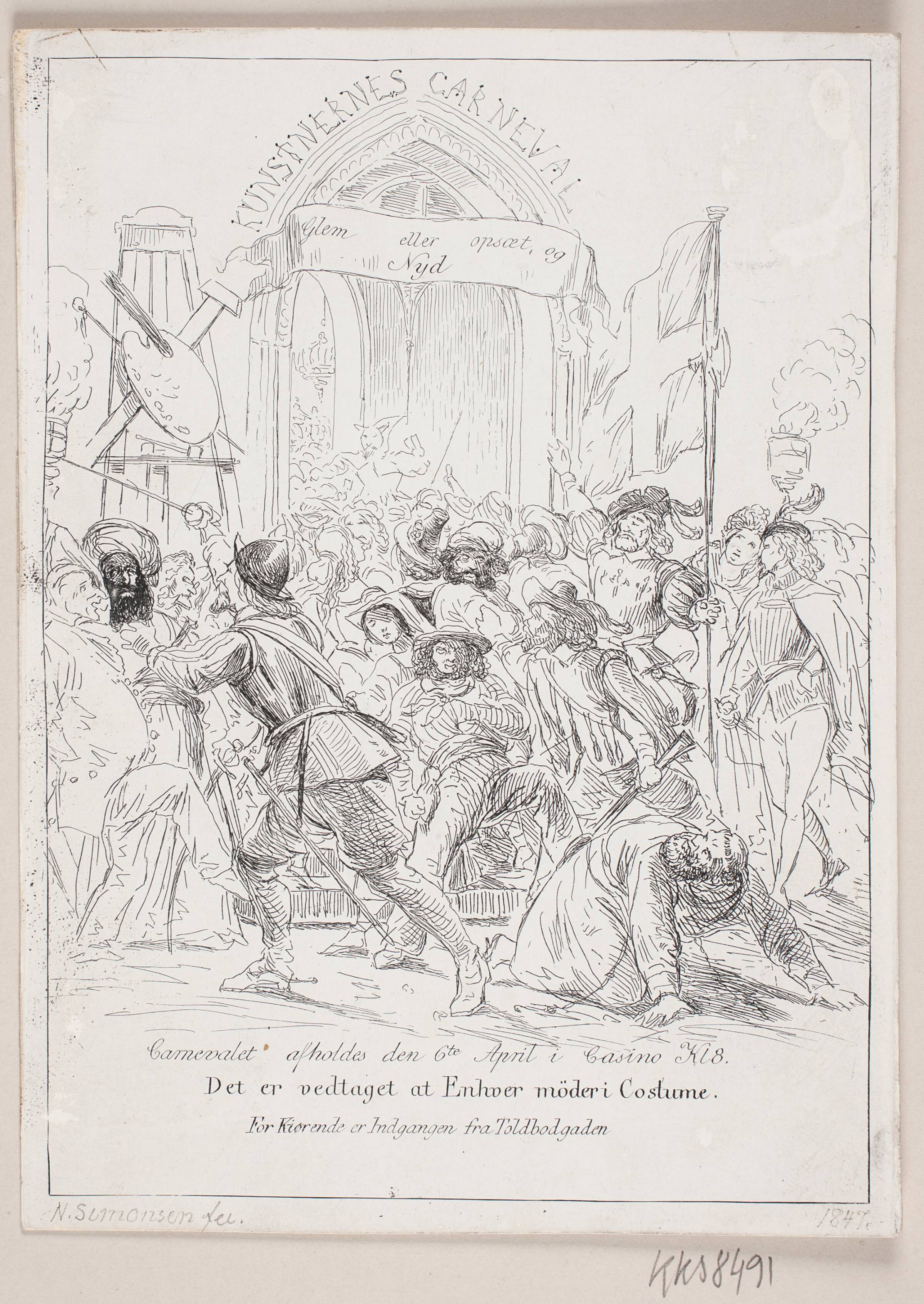 Indbydelse. Kunstnernes Karneval, Niels Simonsen, 1847
