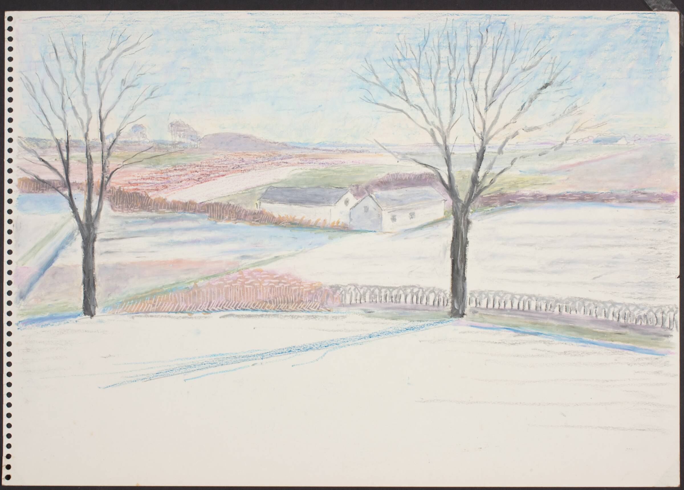 Landskab med tolænget gård, i forgrunden træer, Henrik Starcke, 1899-1973