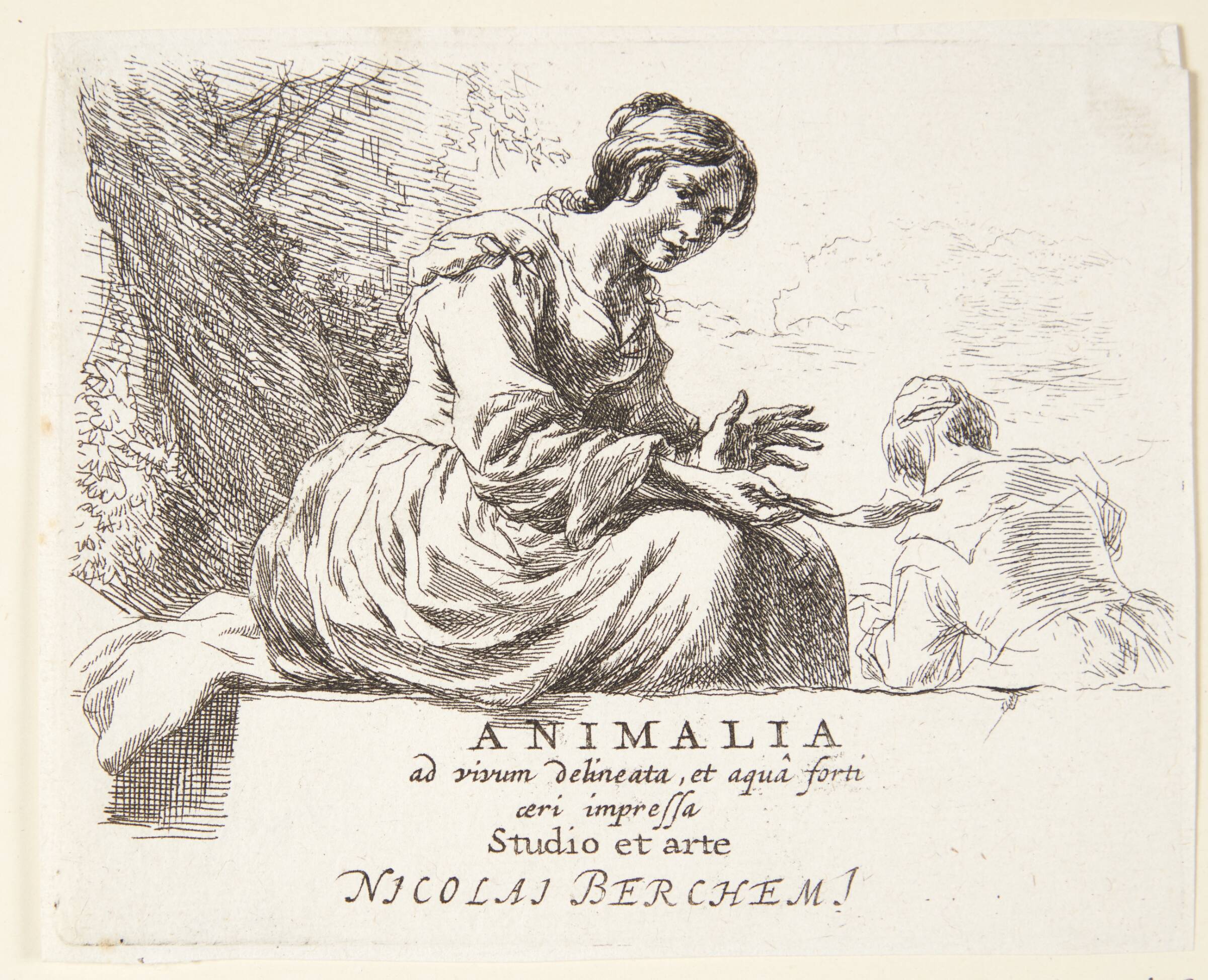 Bondepige siddende på en sten. Titelblad til "Får", Nicolaes Berchem, 1620-1683