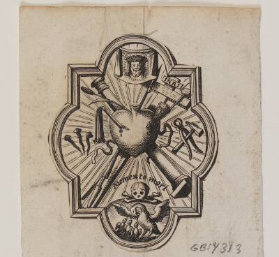 Emblem med et gennemboret hjerte og passionsredskaberne