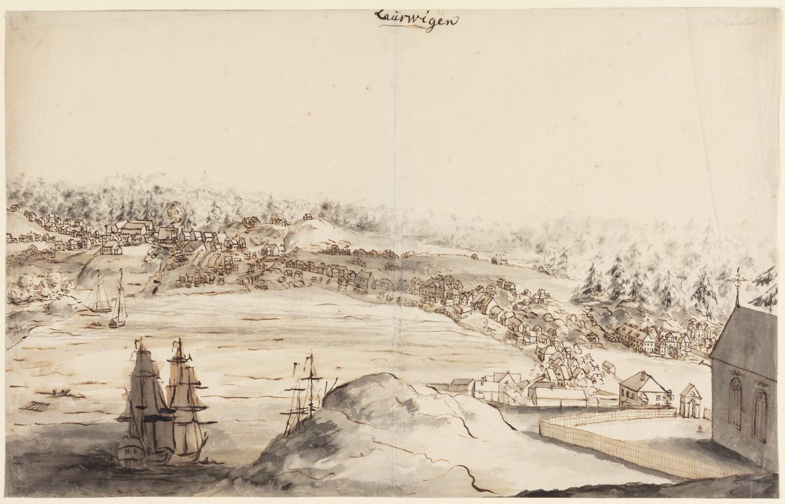 Prospekt af Laurvigen, Mathias Blumenthal, 1700-1799