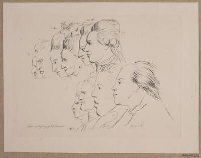 10 portrætter: Enevold Brandt, Johann Friedrich Struensee, Caroline Mathilde, Julieane Marie, Arveprins Frederik, Christian VII, Marie Jeanne Clemens, J. F. Clemens, Jens Juel og Nicolai Abildgaard