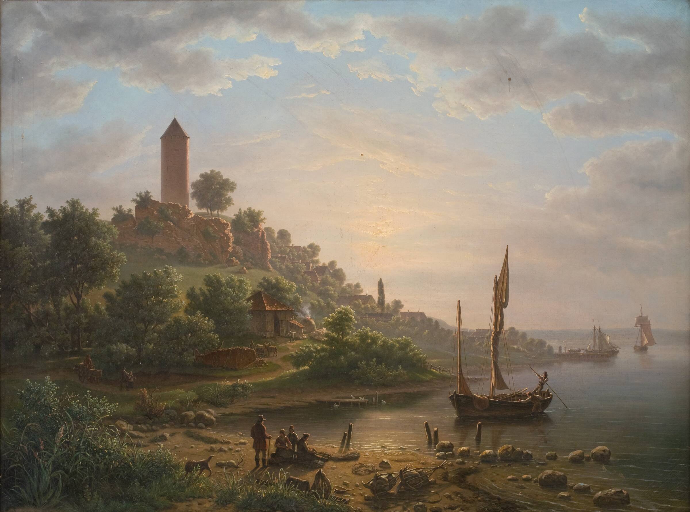Kysten ved Vordingborg med Gåsetårnet en tidlig morgen, J.P. Møller, 1848
