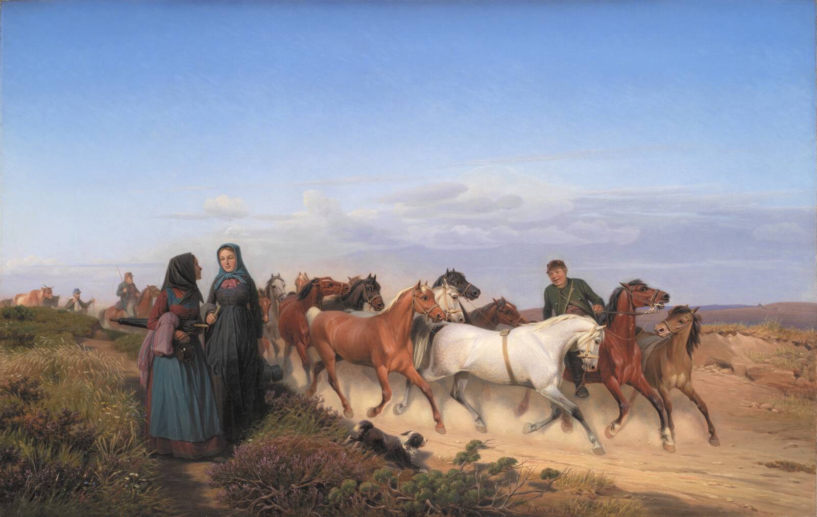 Jyske bønder på vej hjem fra marked med deres heste, by Jørgen V. Sonne, 1870