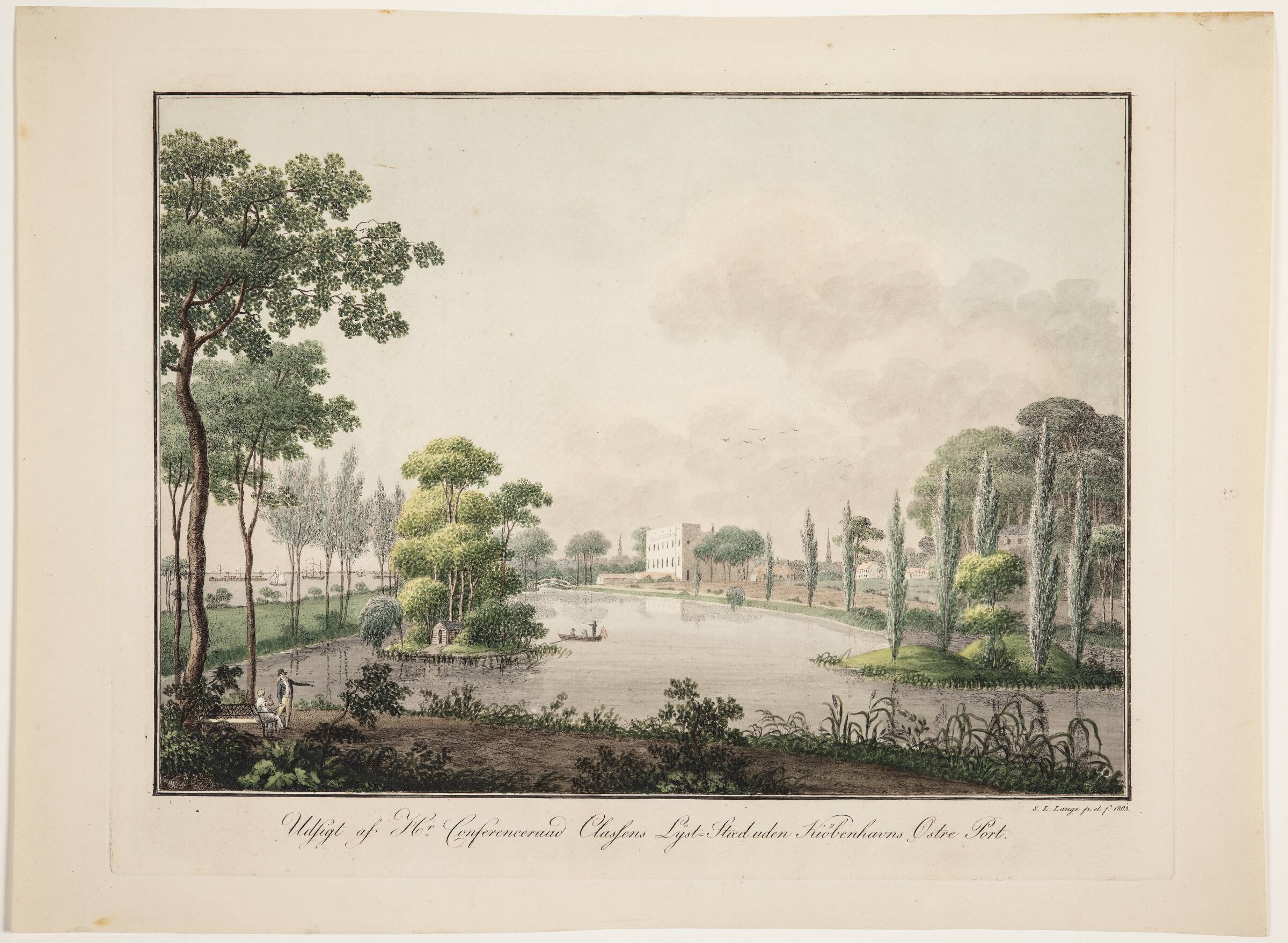 Udsigt af Hr. Conferensråd Classens lyststed uden Københavns Østerport, Søren L. Lange, 1803