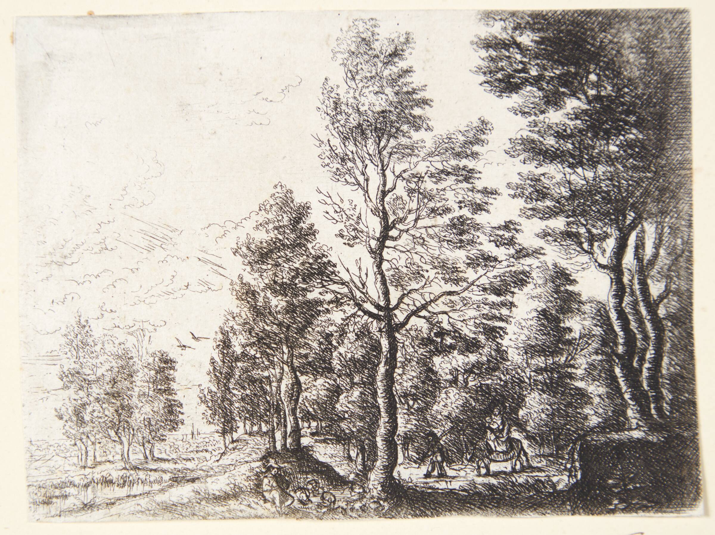Landskab med en hyrde og en mand, der fører et æsel med en kvinde og et barn, Philips Augustijn Immenraet, 1627-1679