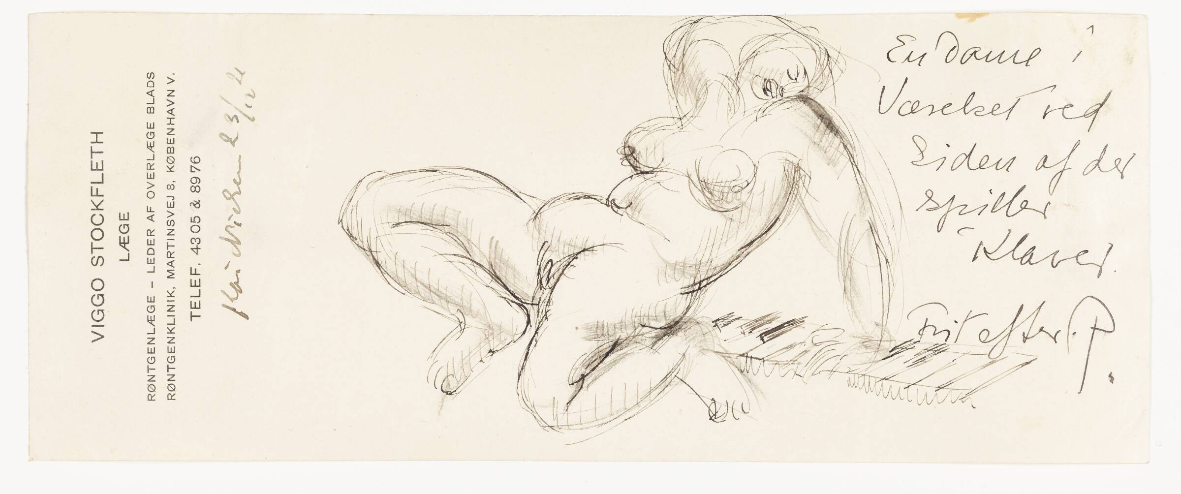Nøgen pige siddende tilbagelænet på tangenterne af et klaver, Kai Nielsen, 1921