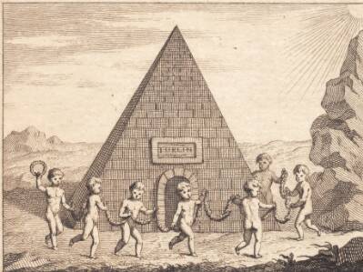Syv børn danser foran pyramide