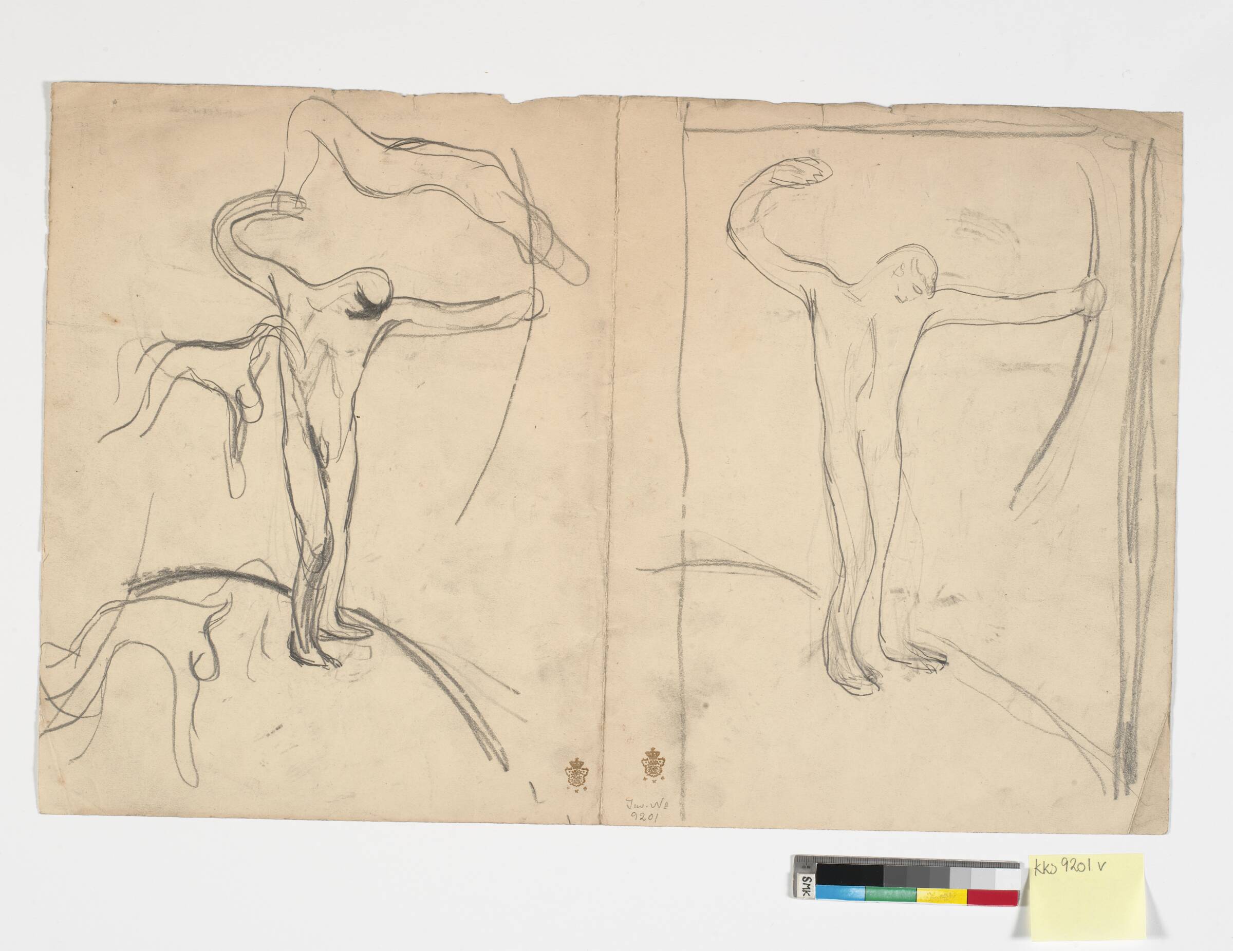 To studier af en nøgen, bueskydende mand samt et par mindre figurstudier, Isakson, Karl, 1890-1899