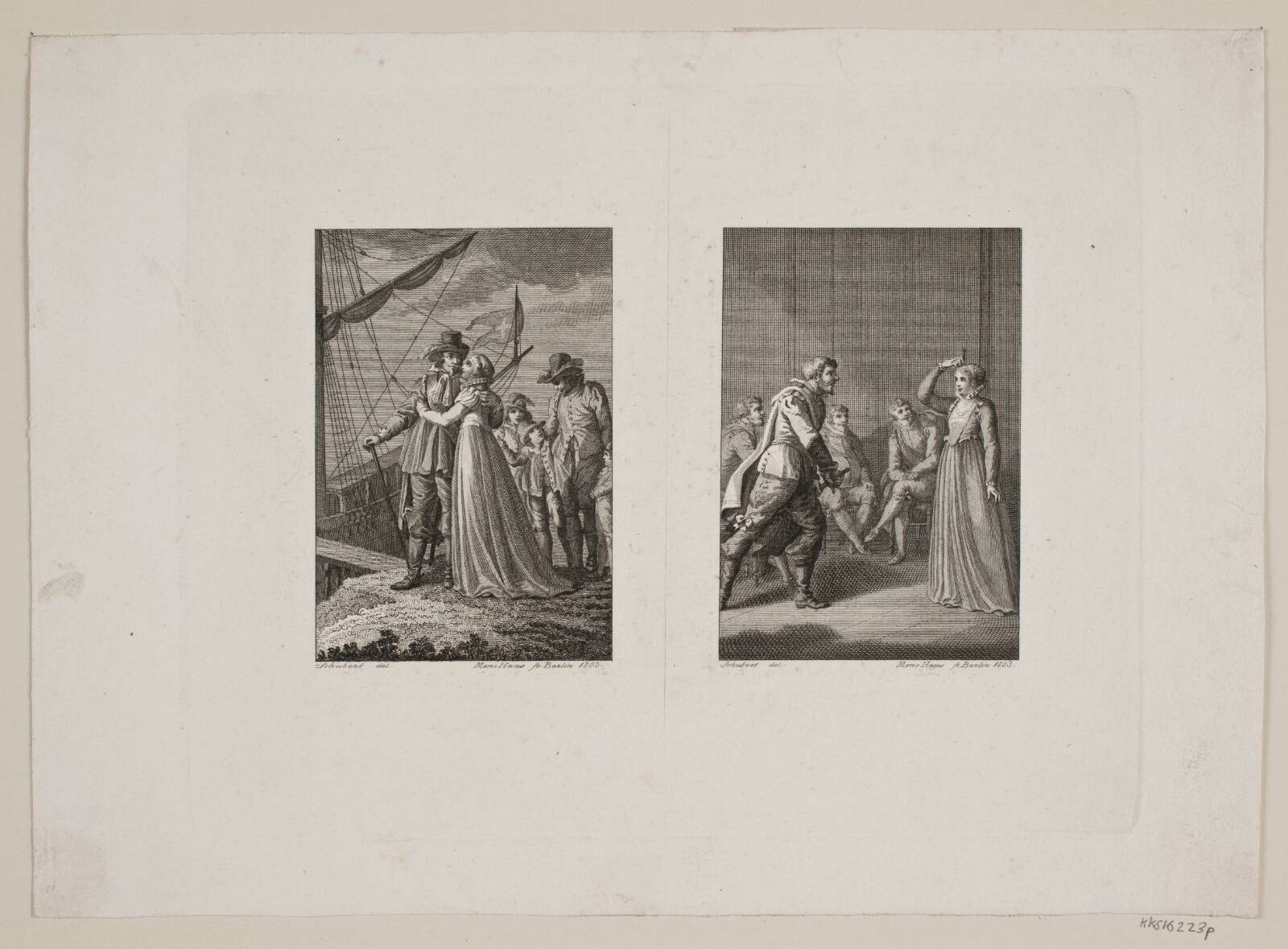 Afskedsscene ved et skib; En mand der drager sit sværd overfor en kvinde, by Meno Haas, 1803