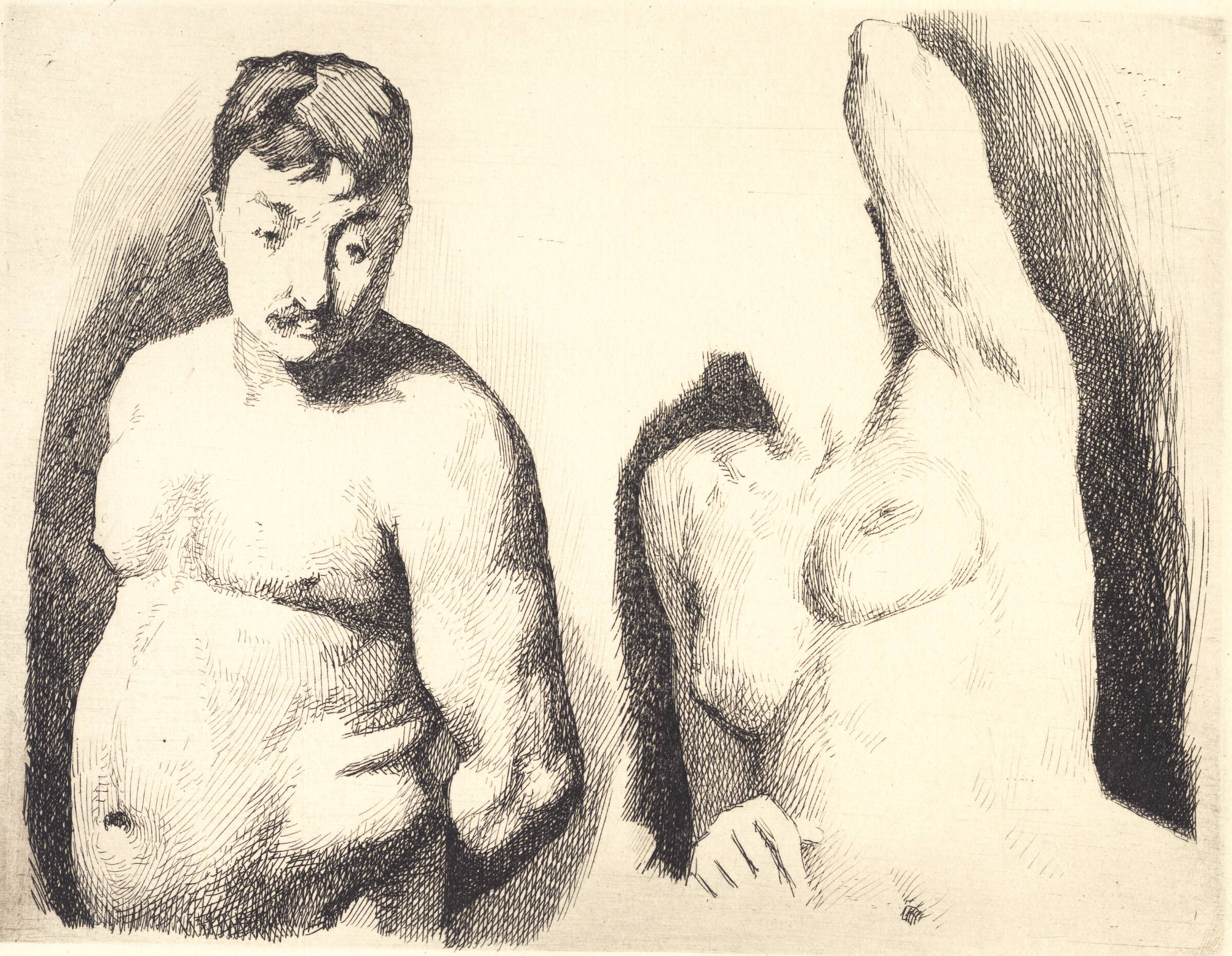 Prøveplade med to studier efter nøgen mandlig og kvindelig model i halvfigur, Frans Schwartz, 1865-1917