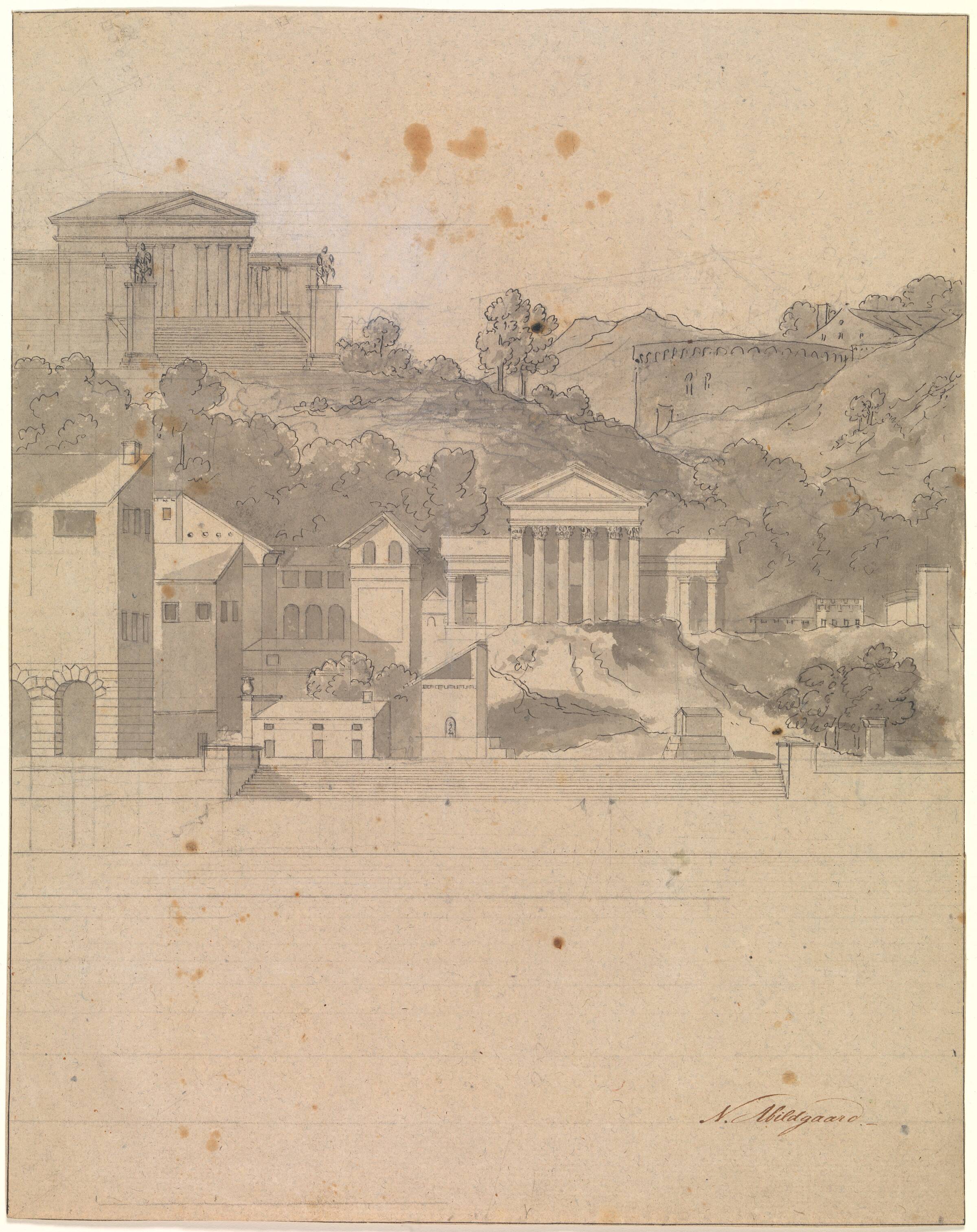 Landskab med antikke bygninger. Dekorationsudkast, Nicolai Abildgaard, 1743-1809