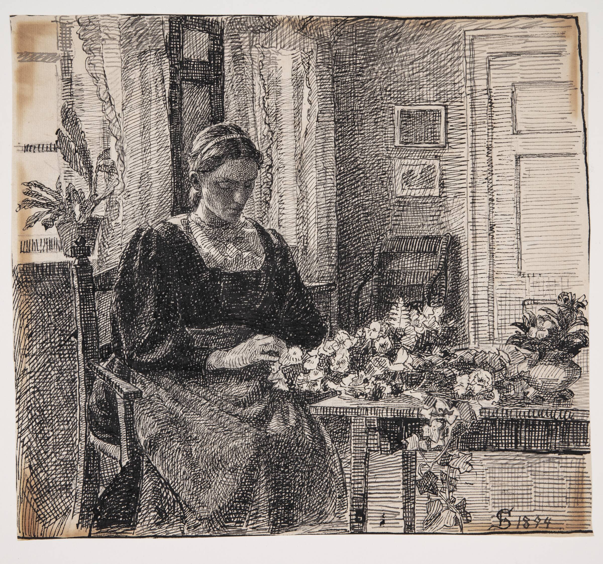 Min hustru (fru Anna Syberg) binder krans, Fritz Syberg, 1894
