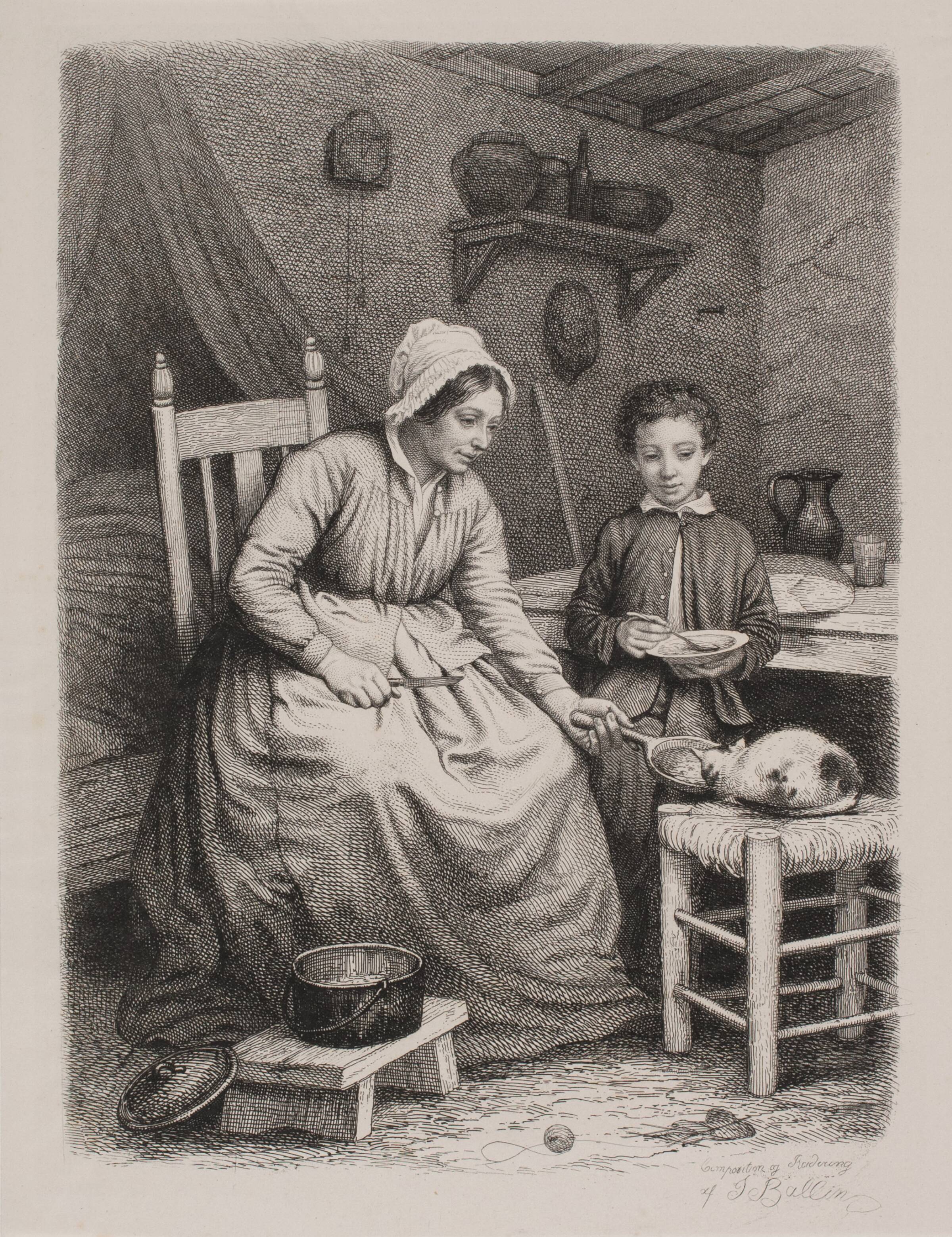 Katten får middagsmad hos en fattig kone. Huslig scene, Joel Ballin, 1856