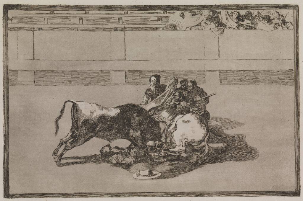 En picador bliver kastet af hesten og styrter under tyren, Francisco de Goya, 1815-1816