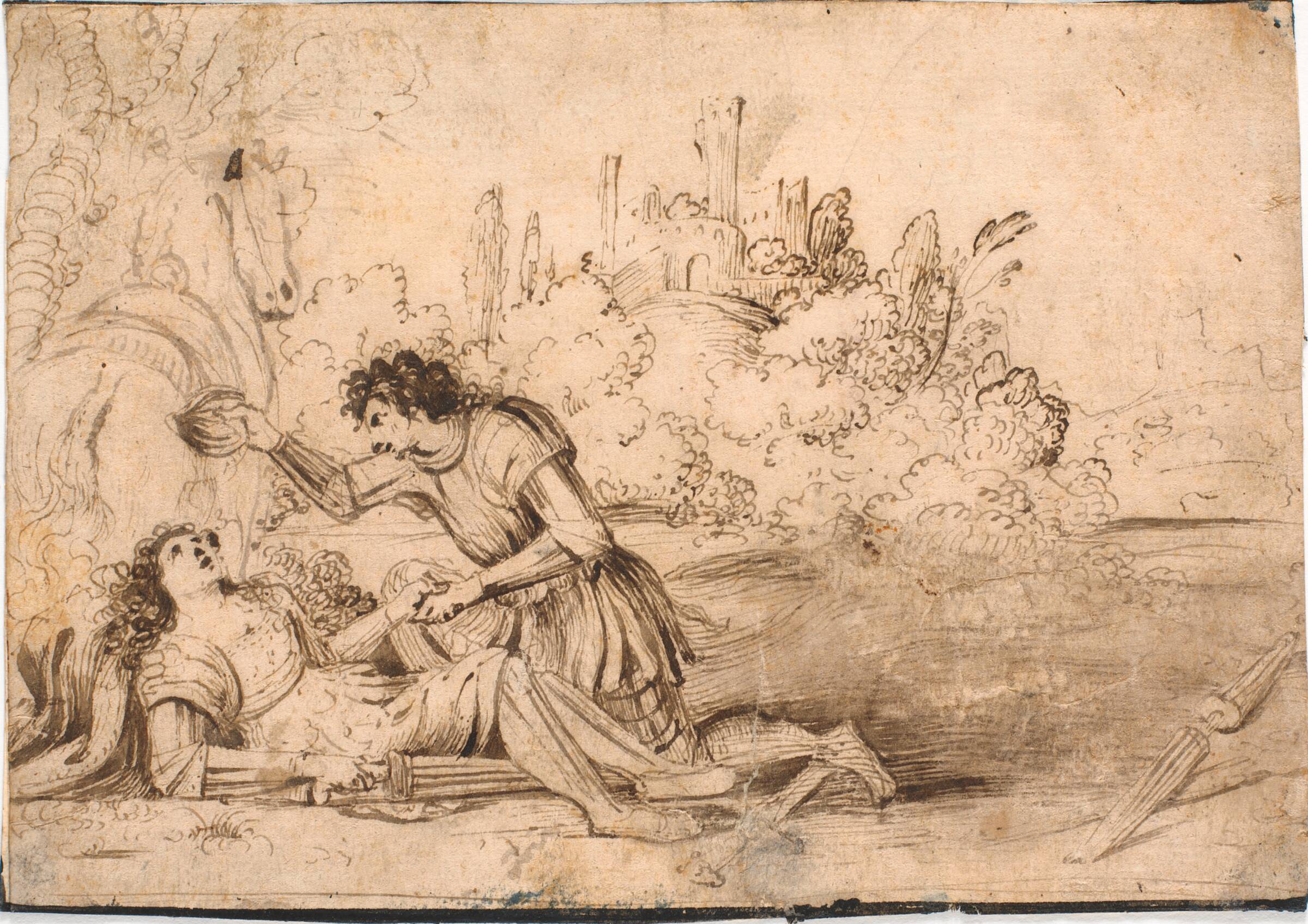Knælende ridder plejer en liggende ridder, såret i turnering; t.v. en hest set bagfra, i baggrunden en borgruin på en høj, Jürgen Ovens, 1600-1699