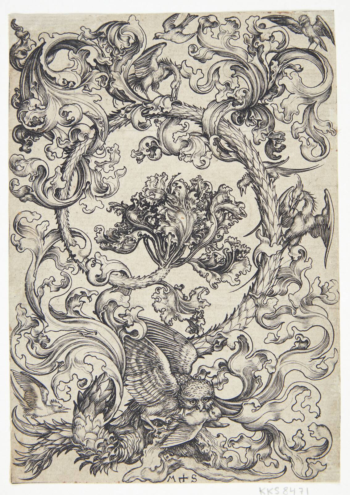 Ornament med fugle, der spotter en ugle, by Martin Schongauer, 1430-1491