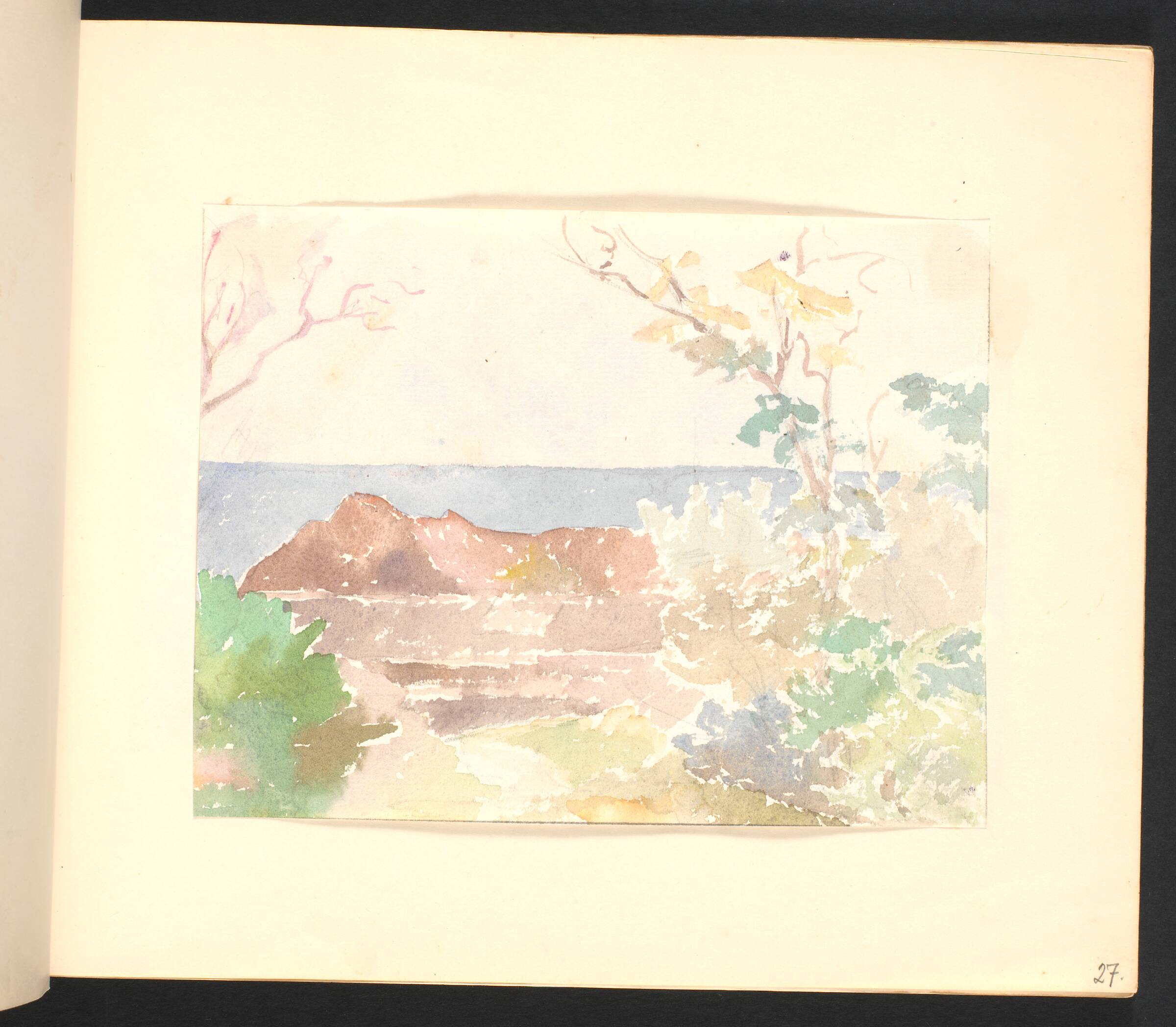En stor klippe ved havet, i forgrunden bevoksning, Johannes Frederiksen, 1944