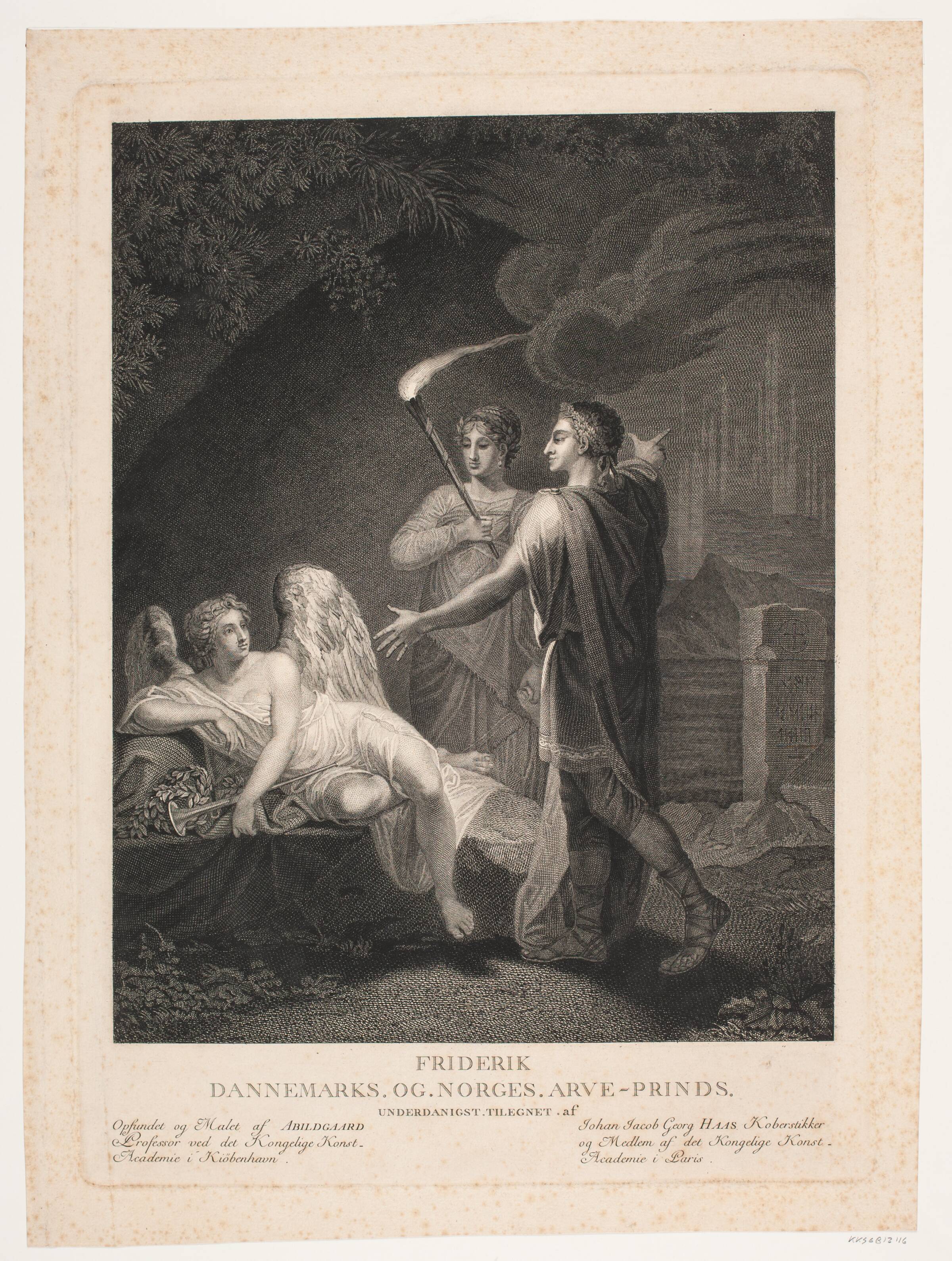 Arveprins Frederik vækker Fama. Allegori over mindesmærkerne på Jægerspris, Georg Haas, 1784